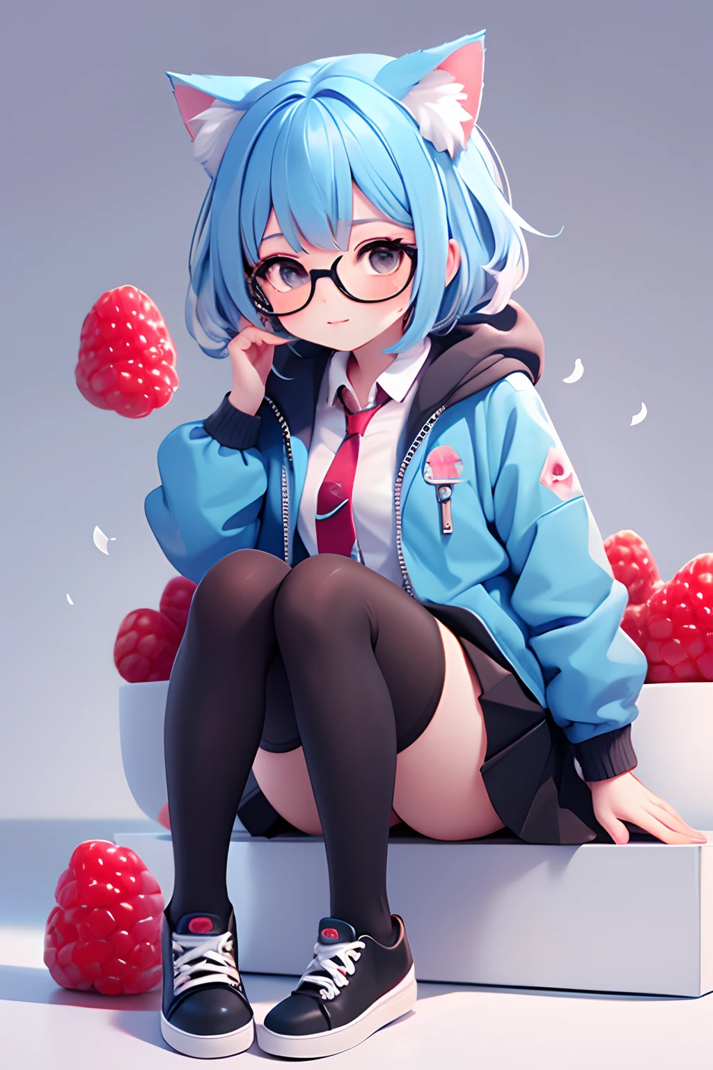 Cat girl with glasses, Black Eyes, Medium length blue hair,, bangs and a white strand in her hair, blackskirt, raspberry hair clip, Raspberry tie, White buttoned-up jacket, black tights, white and crimson shoes beautiful background at home