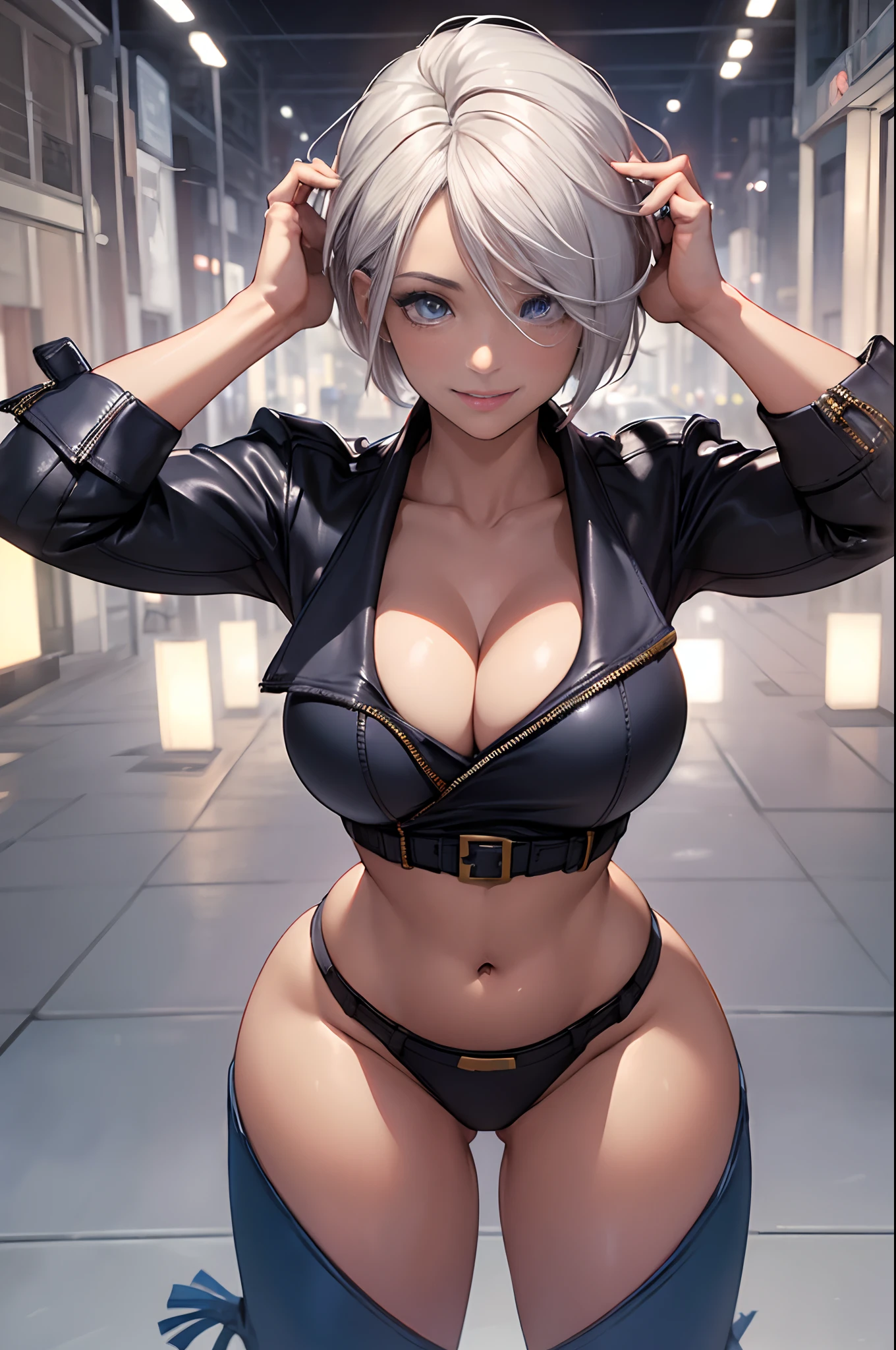 (best quality,ultra-detailed,realistic:1.37),beautiful detailed eyes,beautiful detailed lips,smiling with happiness, angel from the king of fighters, angelMS matured face, blushing, joyful expression, dynamic pose, big breast, big hips, full body view, big body, thick, muscle, toned, big butt (Curvy:1.35), ((Master piece)), best quality, perfect bodies,beautiful detailed eyes, extremely detailed face, perfect lighting.