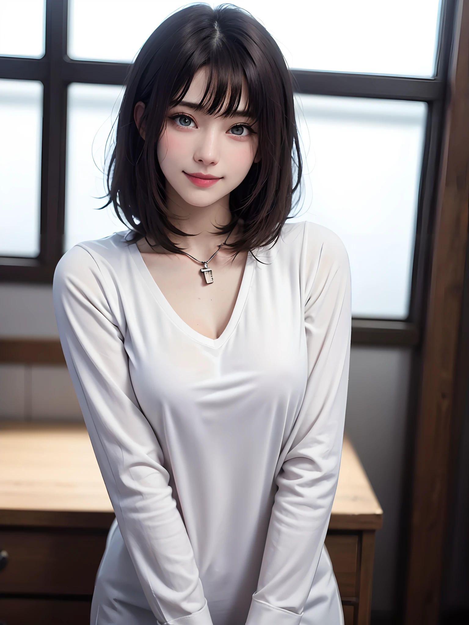 ((masutepiece)), (Best Quality), (Detailed), (1girl in), (Internal Data Stream) ,(A very beautiful woman with a very cute smile),(Symmetrical very beautiful face),(A woman full of adult charm who is too beautiful),Beautiful gradient hair, Light blue eyes,Hair with straight bangs, Wearing a modern white shirt and black dress, Covered with data particles, Lock around the neck