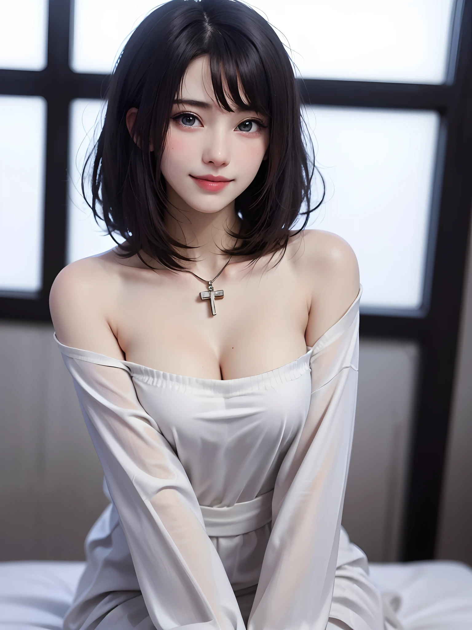 ((masutepiece)), (Best Quality), (Detailed), (1girl in), (Internal Data Stream) ,(A very beautiful woman with a very cute smile),(Symmetrical very beautiful face),(A woman full of adult charm who is too beautiful),Beautiful gradient hair, Light blue eyes,Hair with straight bangs, Wearing a modern white shirt and black dress, Covered with data particles, Lock around the neck