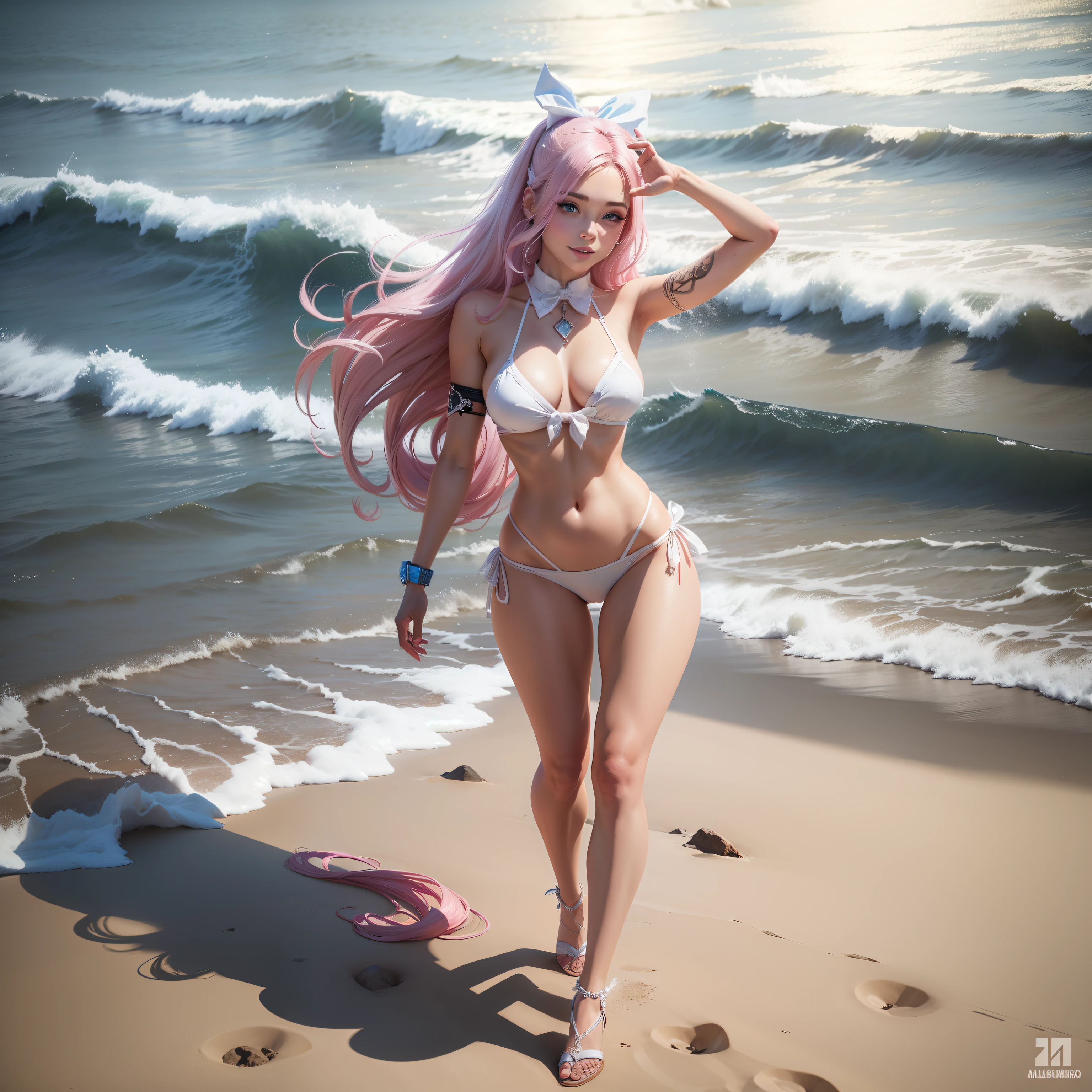 One Barbie, ((Full body)),8th class, Blue eyes, Smiling face, Hair loss swaying in the wind, Hip Hop Singer Pose, Dressed in hip-hop style,White Bikini,swarovski,pasties,With a pink bow on the arm, Fashion, Extremely high quality, high details, 8K, clean back ground, in studio, ((Full body shot)),Align your fingers neatly,Accurate Hand Modeling,wave her hand,west coast beach
