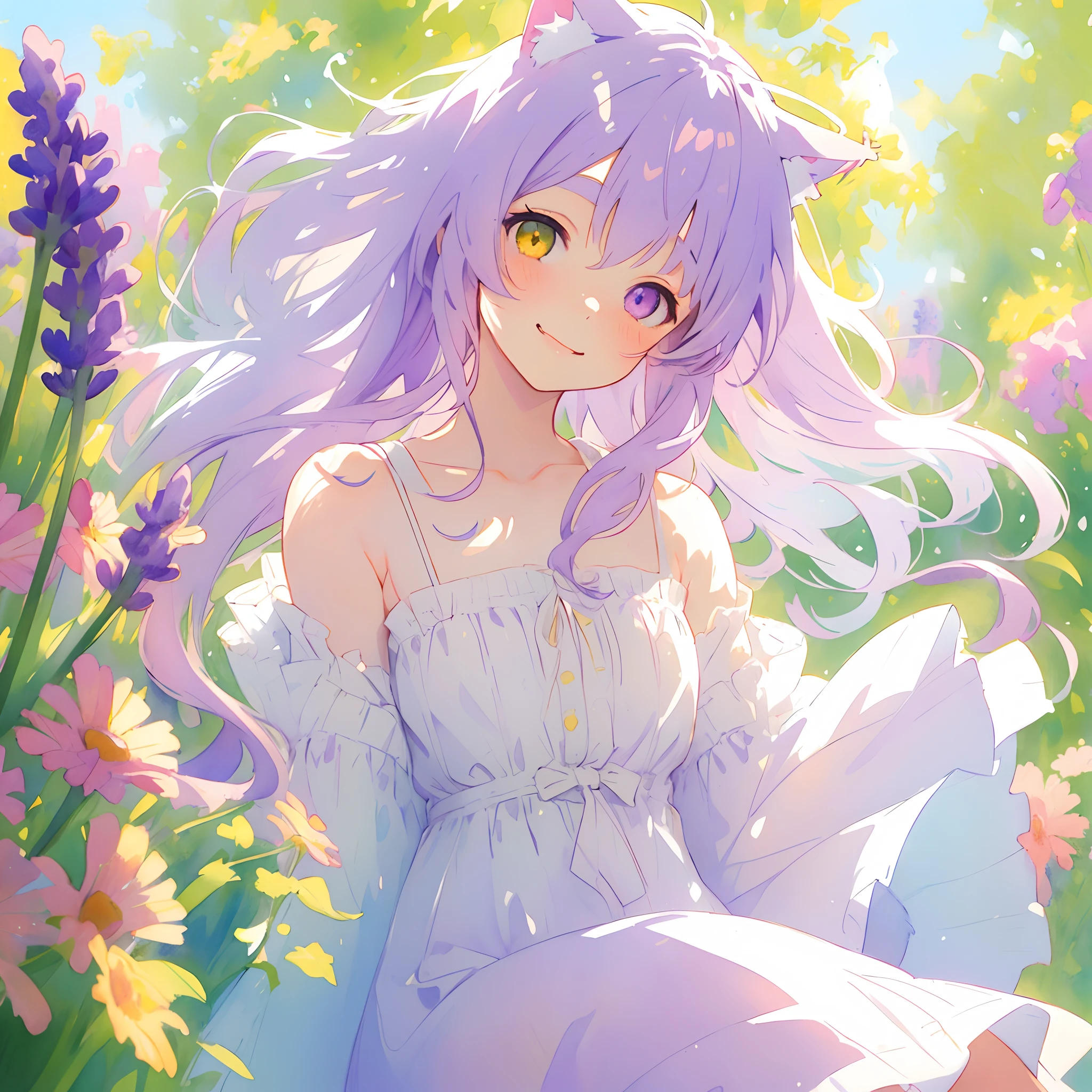 ((solo young catgirl)), lavender hair, nekomimi, simple plain background, relaxed, innocent smile, flowing hair, flowers, leaves, white light sundress, masterpiece, heterochromia, polychromia, (light background), (pastel colors), (muted colors), glow, soft, in the style of a watercolor painting, head tilt, perfect front illumination, depth of field