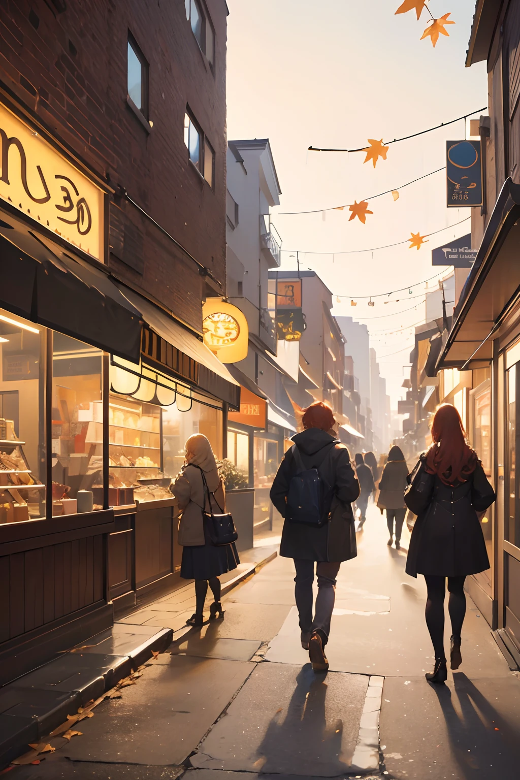 A city with maple trees, bustling streets, vibrant colors, and golden autumn foliage. (best quality,4k,8k,highres,masterpiece:1.2),ultra-detailed,realistic, vibrant cityscape, maple tree-lined streets, people walking, busy urban atmosphere, dynamic city life, architectural diversity, colorful storefronts, crisp autumn air, falling maple leaves, warm golden hues, city lights glimmering in the dusk, bustling traffic, seamless blend of nature and urbanity, extraordinary attention to detail, stunning realism, enchanting fall scenery, immersive street scenes, vivid colors, photorealistic rendering, picturesque urban landscape, charming autumn ambiance.