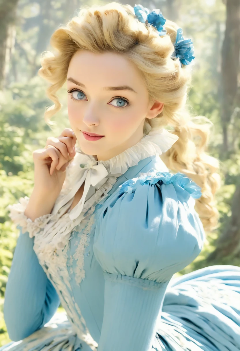 John Tenniel art, A stunningly beautiful but frustrated blonde Greer Grammer wearing an elegant formal Victorian morning dress of fine blue wool