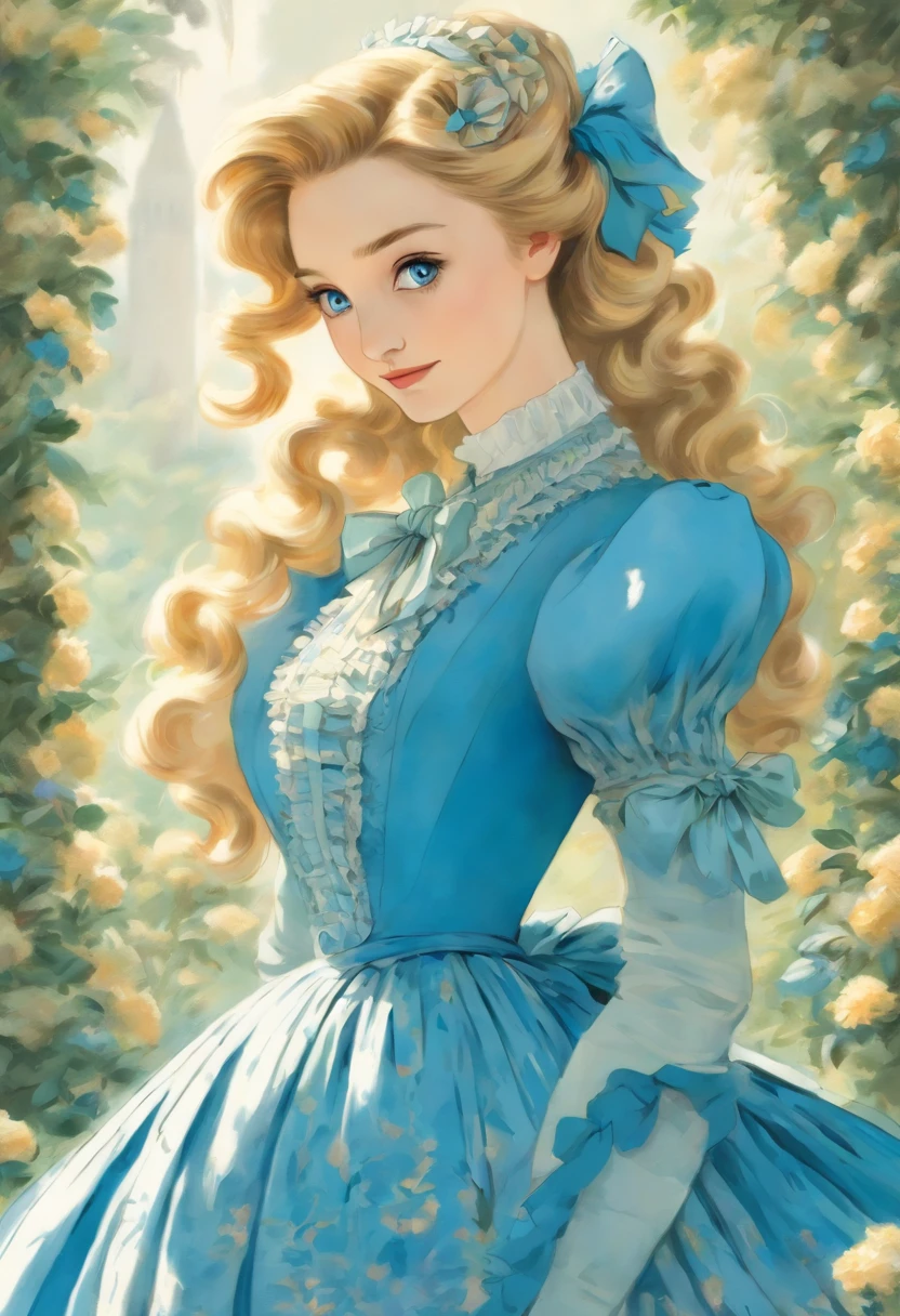 John Tenniel art, A stunningly beautiful but frustrated blonde Greer Grammer wearing an elegant formal Victorian morning dress of fine blue wool