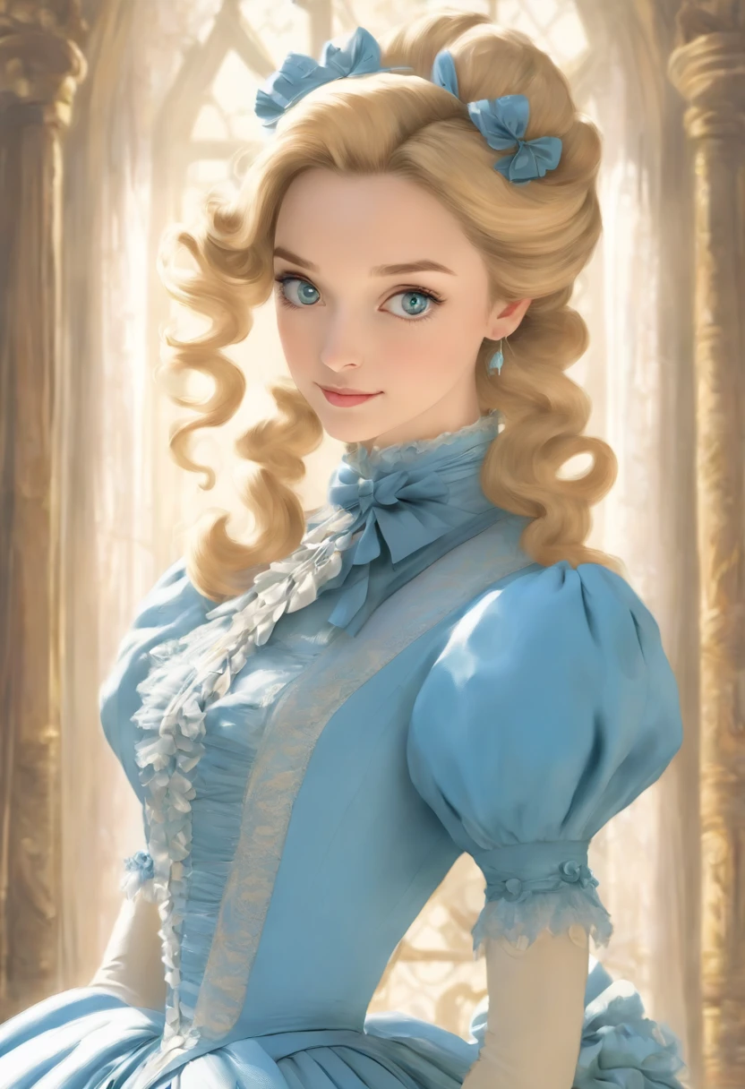 John Tenniel art, A stunningly beautiful but frustrated blonde Greer Grammer wearing an elegant formal Victorian morning dress of fine blue wool