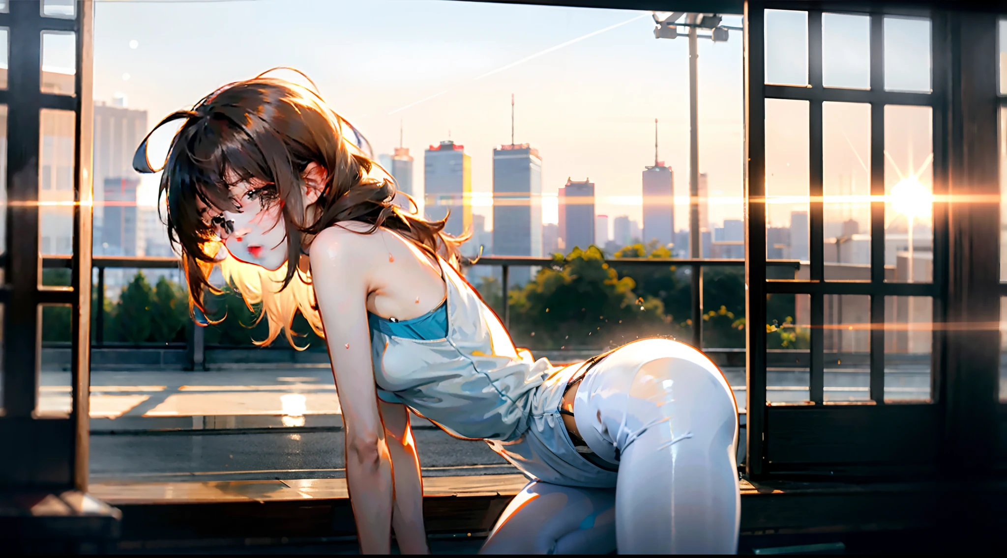(8K,best qualtiy,tmasterpiece:1.2),(realisticlying,realisticlying:1.37),ultra - detailed,best qualtiy,超高分辨率,profesional lighting,photon maping,Radio City,physically-based renderingt,cinmatic lighting,basketball playground,depth of fields,Clear focus,rays of sunshine,well-composed,(Bokeh:1.2) 1girll,Solo,(full bodyesbian),美丽细致的眼睛,lewd poses,a narrow waist,White tulle tights,Sweat all over the body,The tights were soaked with sweat,brunette color hair,messy hair,Long hair flutters in the wind,(Ulzzang-6500:1.2) mix4, hiqcgbody