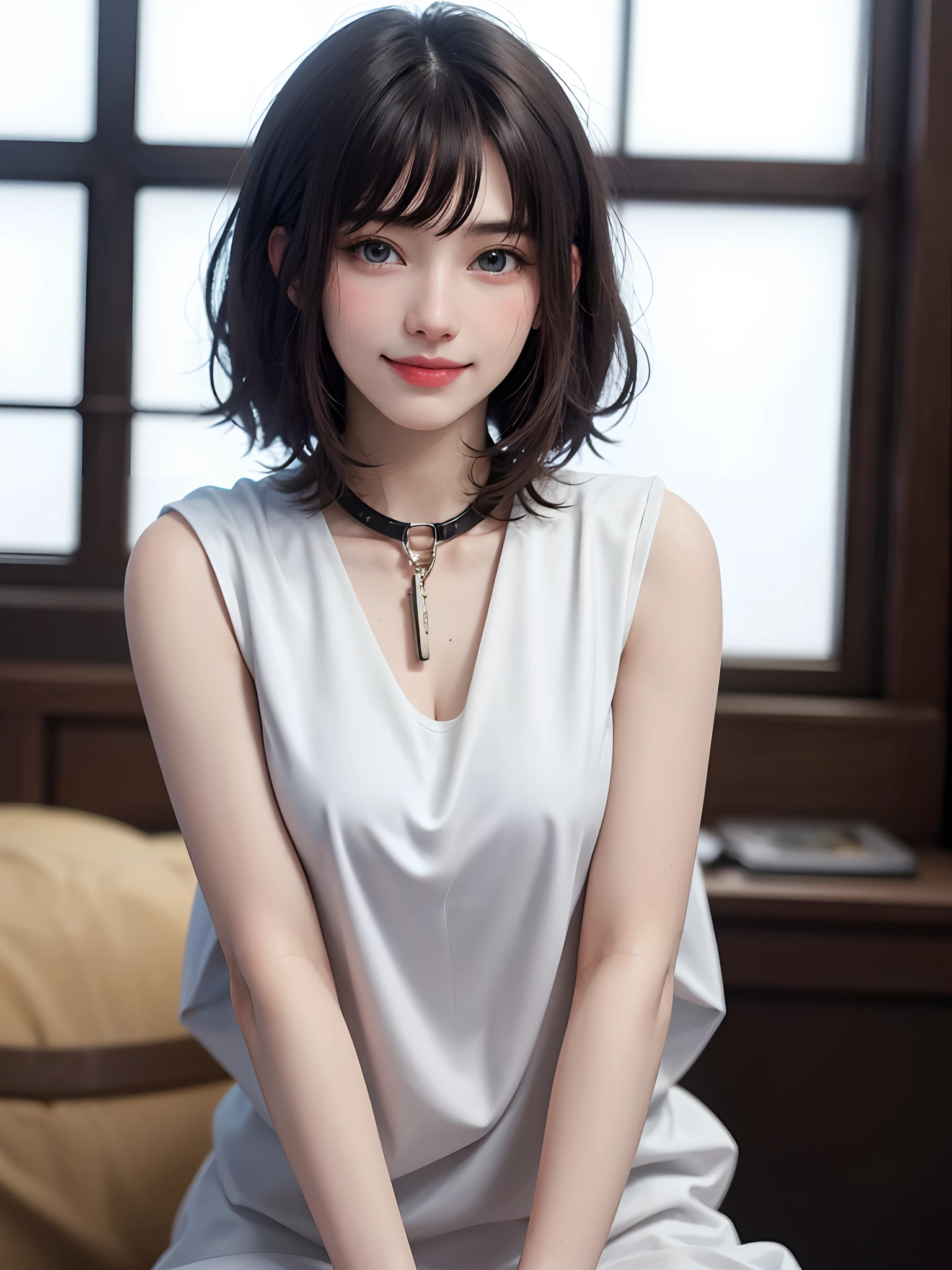 ((masutepiece)), (Best Quality), (Detailed), (1girl in), (Internal Data Stream) ,(A very beautiful woman with a very cute smile),(Very beautiful face symmetrical),(A woman full of adult charm who is too beautiful),(Add intense highlights to the eyes),Beautiful glossy gradient hair, Light blue eyes,Glossy hair with straight bangs, Wearing a modern white shirt and black dress, Covered with data particles, Lock around the neck,Look firmly at the camera