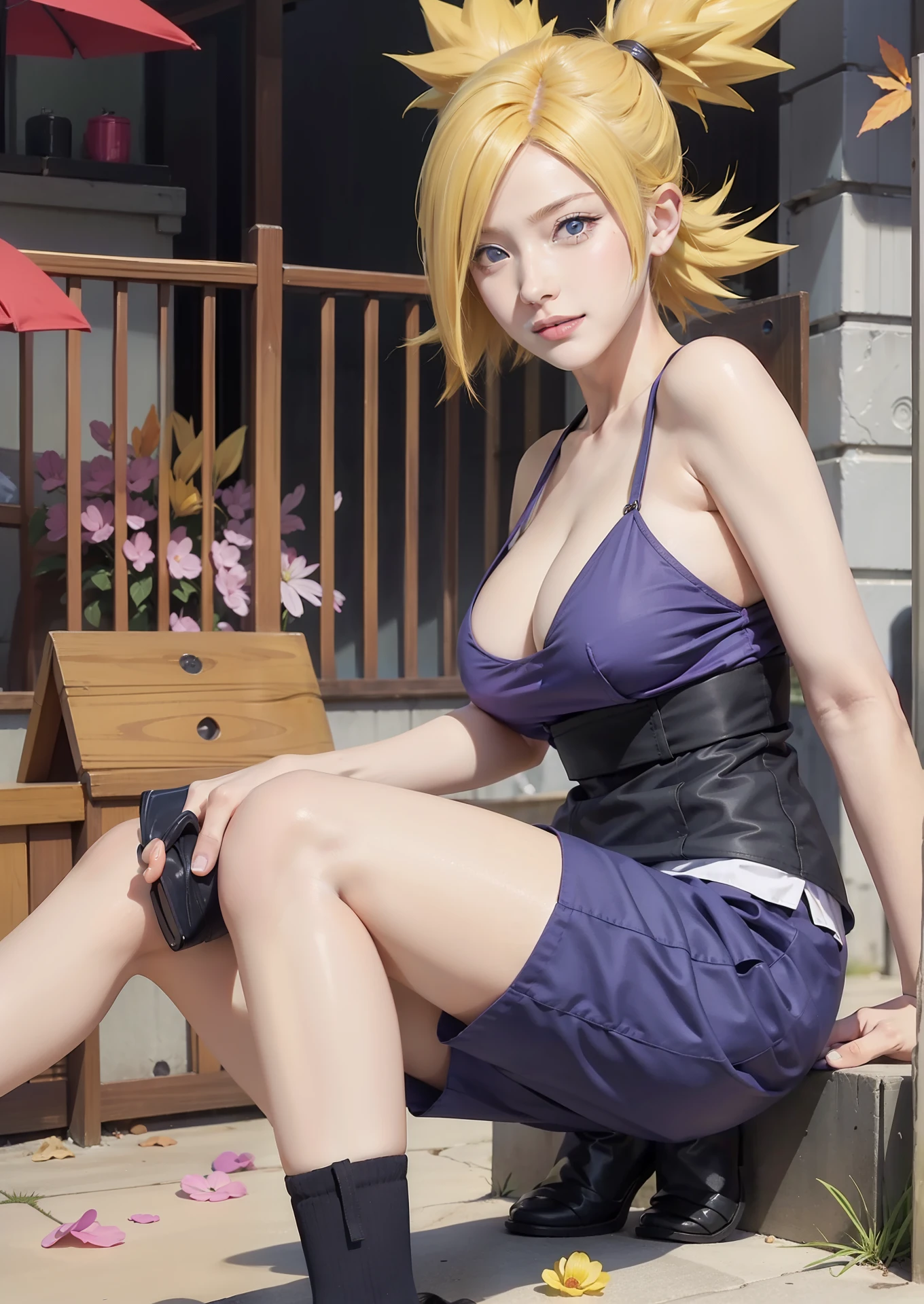 1girl, temari in anime naruto, short hair, yellow hair, blue eyes, smile, beautiful, black and white clothes, very big breast, realistic clothes, purple clothes, outdoor background, ultra detail, realistic