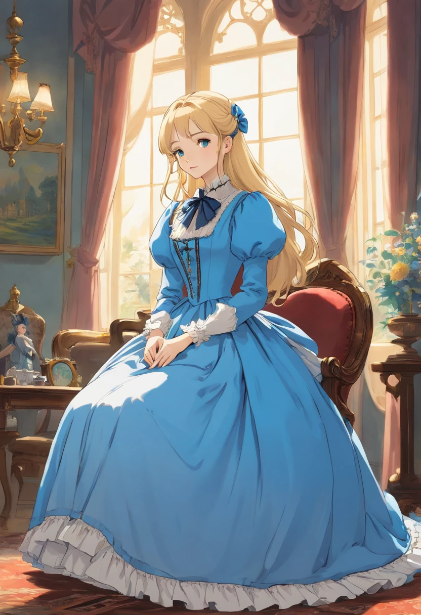 John Tenniel art, A stunningly beautiful but frustrated blonde Greer Grammer wearing an elegant formal Victorian morning dress of fine blue wool
