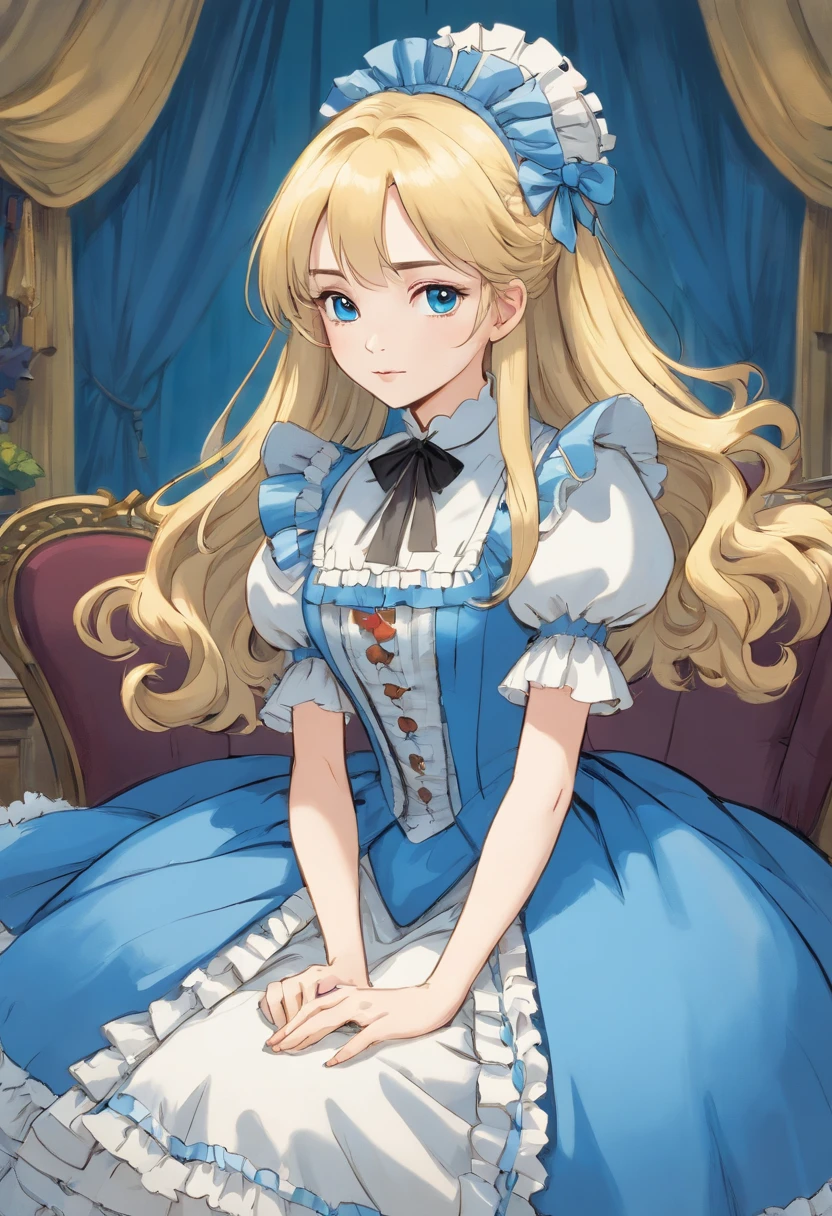 John Tenniel art, A stunningly beautiful but frustrated blonde Greer Grammer wearing an elegant formal Victorian morning dress of fine blue wool