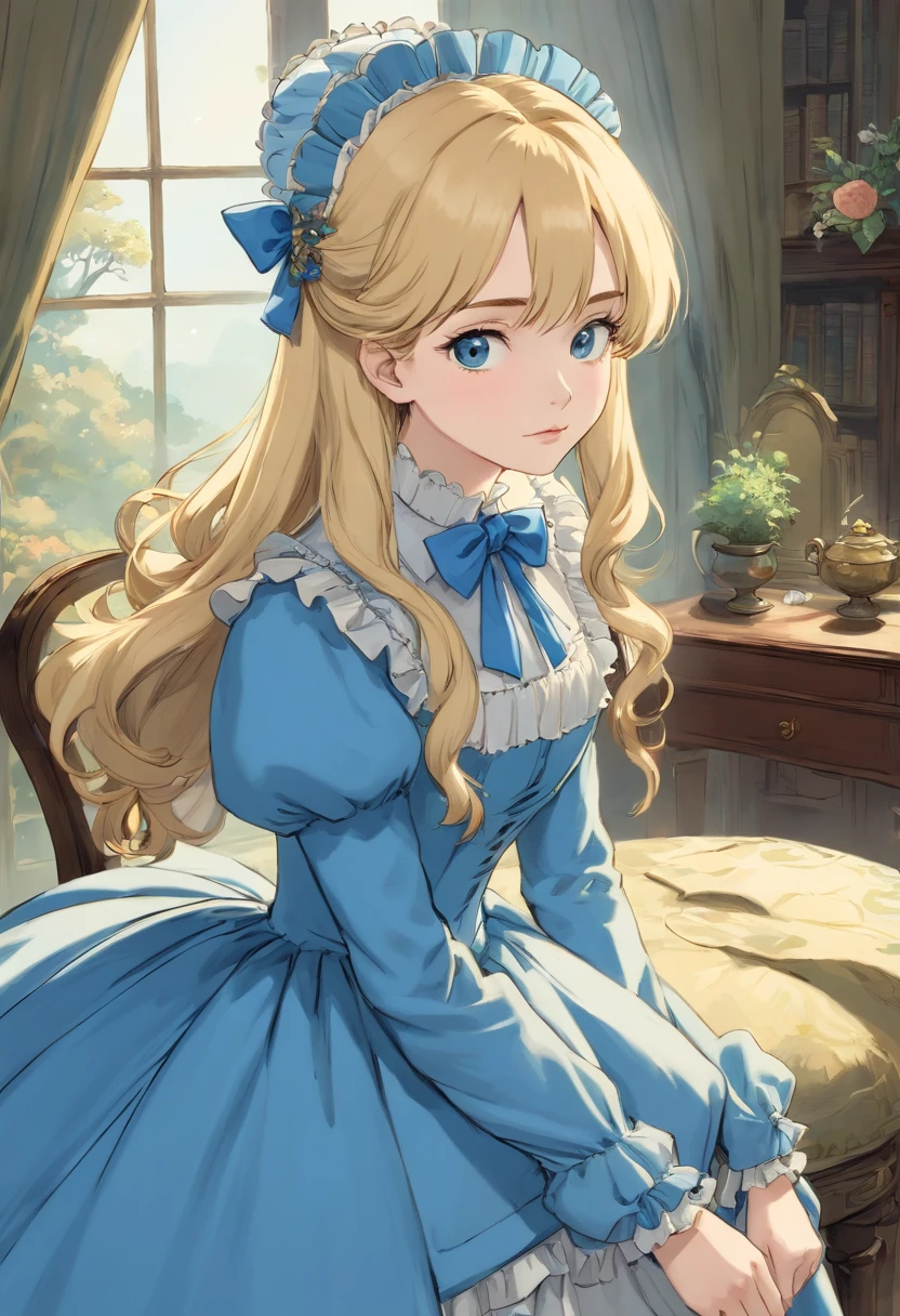 John Tenniel art, A stunningly beautiful but frustrated blonde Greer Grammer wearing an elegant formal Victorian morning dress of fine blue wool