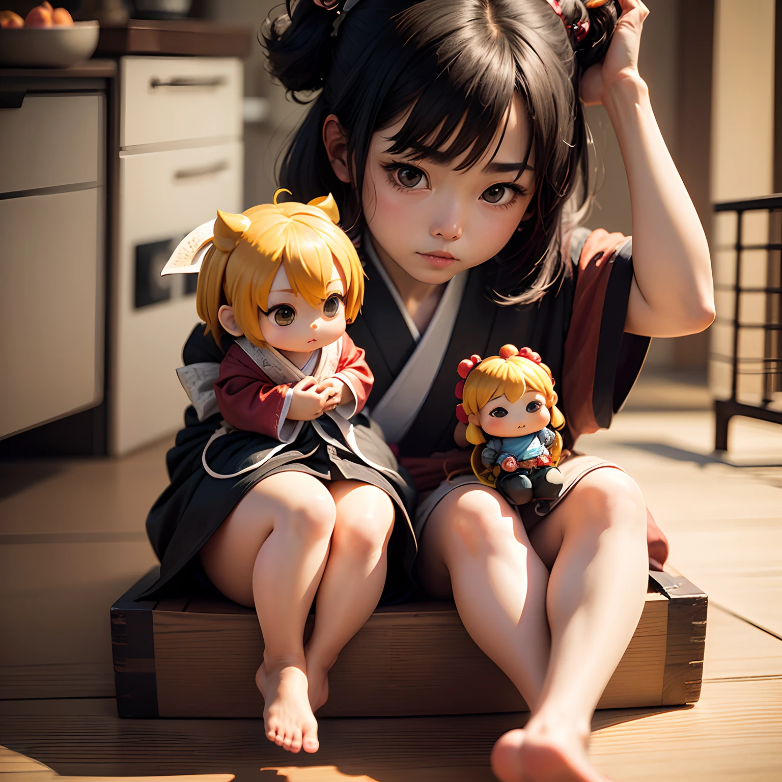 masterpiece、top-quality、ultra-detailliert、(Chibi Chara Momotaro:1.2)、Sit on realistic peaches、Zashiki、