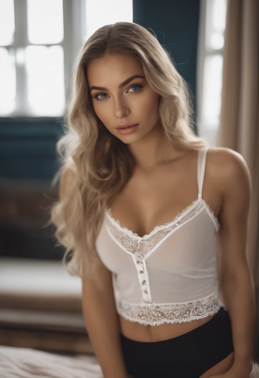 woman with matching tank top and panties, fille sexy aux yeux bleus, Portrait Sophie Mudd, Portrait de Corinna Kopf, cheveux blonds et grands yeux, selfie of a young woman, ohne Maquillage, maquillage naturel, Look directly into the camera, Visage avec Artgram, dezentes Maquillage, Superbe photo du corps entier, dans la chambre, gros seins, Blonde, Latin