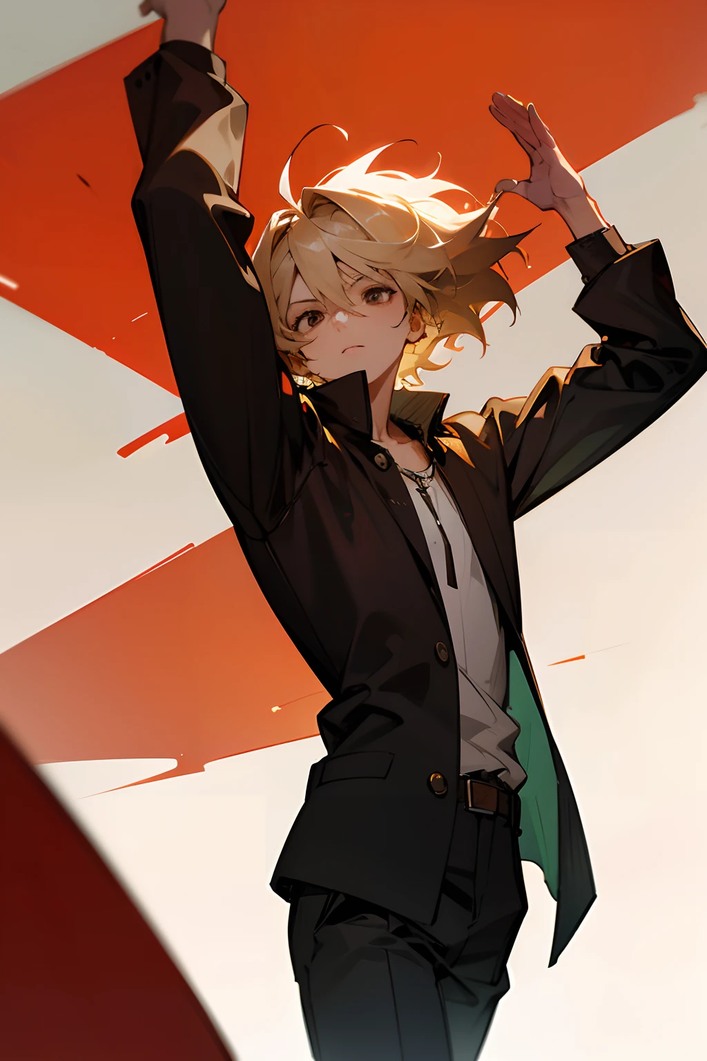 young man, messy blonde hair, short parted hair, brown eyes, hands reaching up and to the sides, arms stretched out, walking towards camera, man, male character