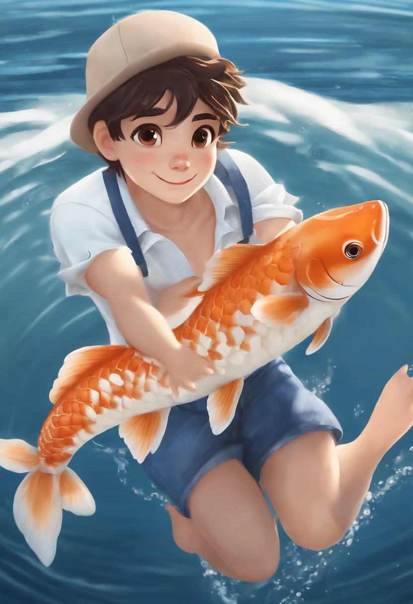 qualidade de imagem do filme,Disney Animation Style,A boy swims in the sea with a koi in his arms,cabelo curto e detalhado,Denim suspenders,Bare feet,profundidade de campos,Luz alta,luz real,Traching de raias,oc renderizado,hyper-realistic,melhor qualidade,8k,Obras de mestres,super-fino,pelos pubianos detalhados, bigode,anatomia correta,sharp focus on eyes,Bokeh,Facial features are carefully described