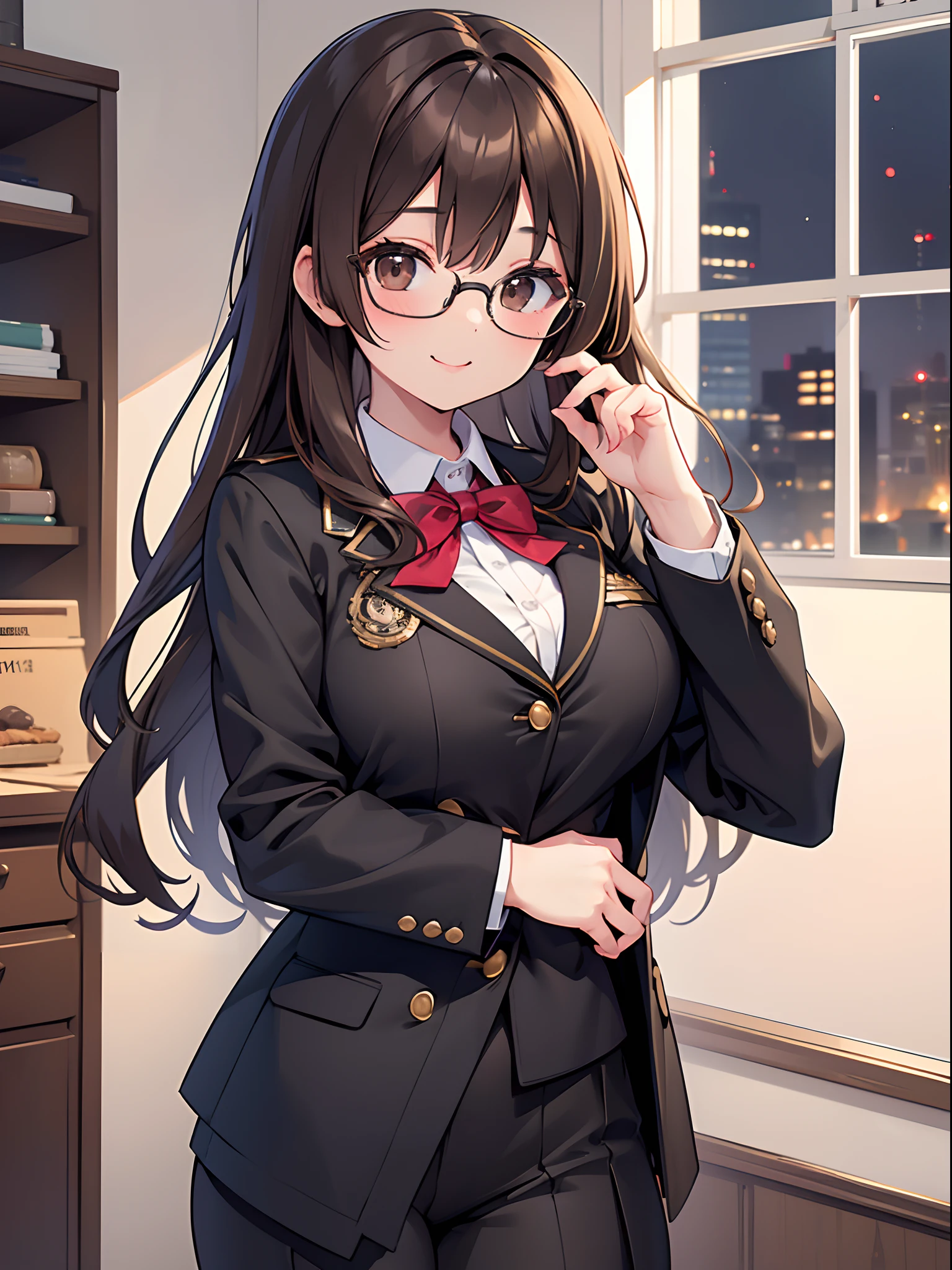 1 female、brown haired、Brown eyes、Black-rimmed glasses、seductive boobs、gorgeous faces、Perfect body。Best Quality、ultra-detailliert、8K resolution、Raw photo、masutepiece。Blazer Uniform。a smile。
