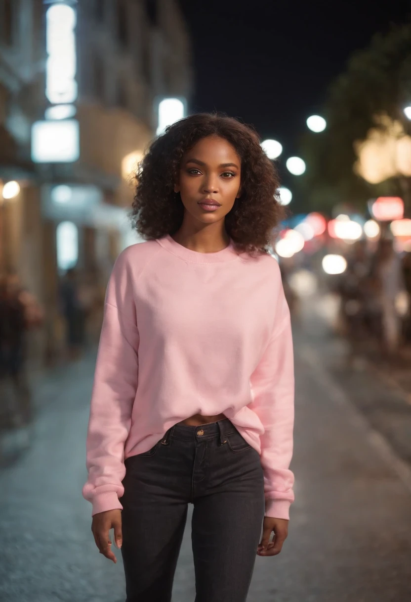 ultra realistic photo, full body, best quality, masterpiece, black woman inspired by Barbie, black skin, beautiful face, wearing jeans: 0.91 and black sweatshirt, realistic smooth skin, ultra realistic skin, pastel neon, night, dynamic lighting, on a street in Rio de Janeiro, (dynamic pose:1.10), (good composition:1.10), (subtle lighting:1.10), (Awarded:1.10), ((breathtaking:1.10:1.35)) , ( πrim-work :1.10), (highly detailed skin:1.2), (filmic grain:0.04), particle effects, __Camera capture_Models/sigma__, NEWS TYPE, speed lines, (perfect handsome young face:1.10) , (Pink :1.10)