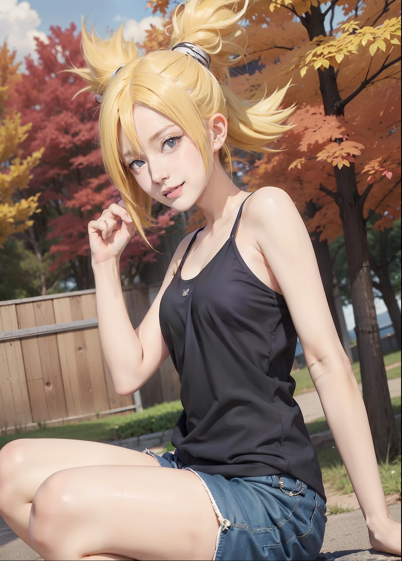 1girl, temari in anime naruto, short hair, yellow hair, blue eyes, smile, beautiful, black and white clothes, very big breast, realistic clothes, purple clothes, outdoor background, ultra detail, realistic