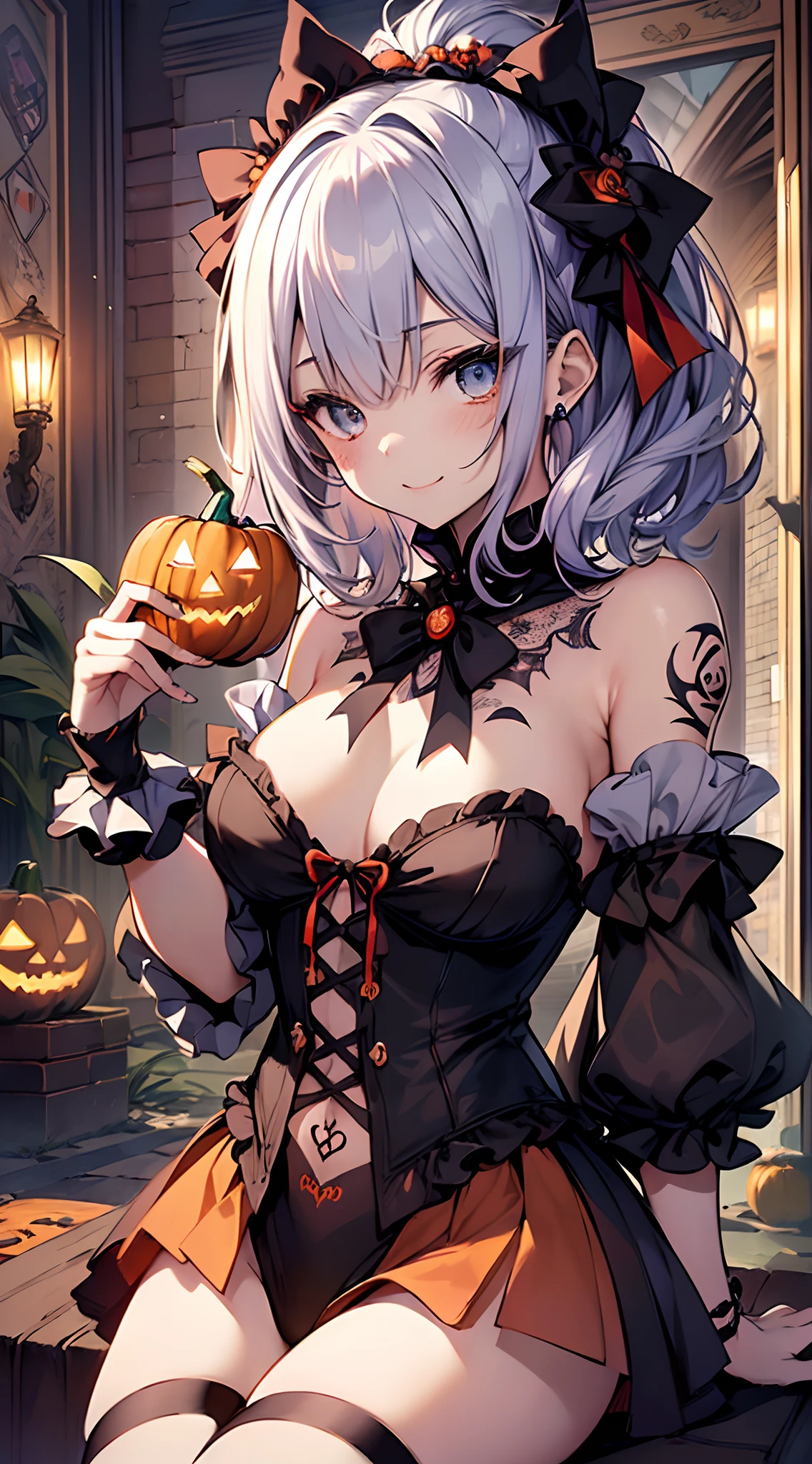 top-quality、Top image quality、in 8K,4K,masterpiece、(NSFW:1.1)、ultra-detailliert、Beautiful、ultra-quality、adult-like、Cool、girl with(((18year old、alice in the wonderland:1.3、Have a jack-o'-lantern、Bust 78、silber hair、a short bob、Red Eyes、erotick:1.4、Happiness、The tattoo)))、hiquality、visualart、Background with((Halloween 1.3))、masutepiece