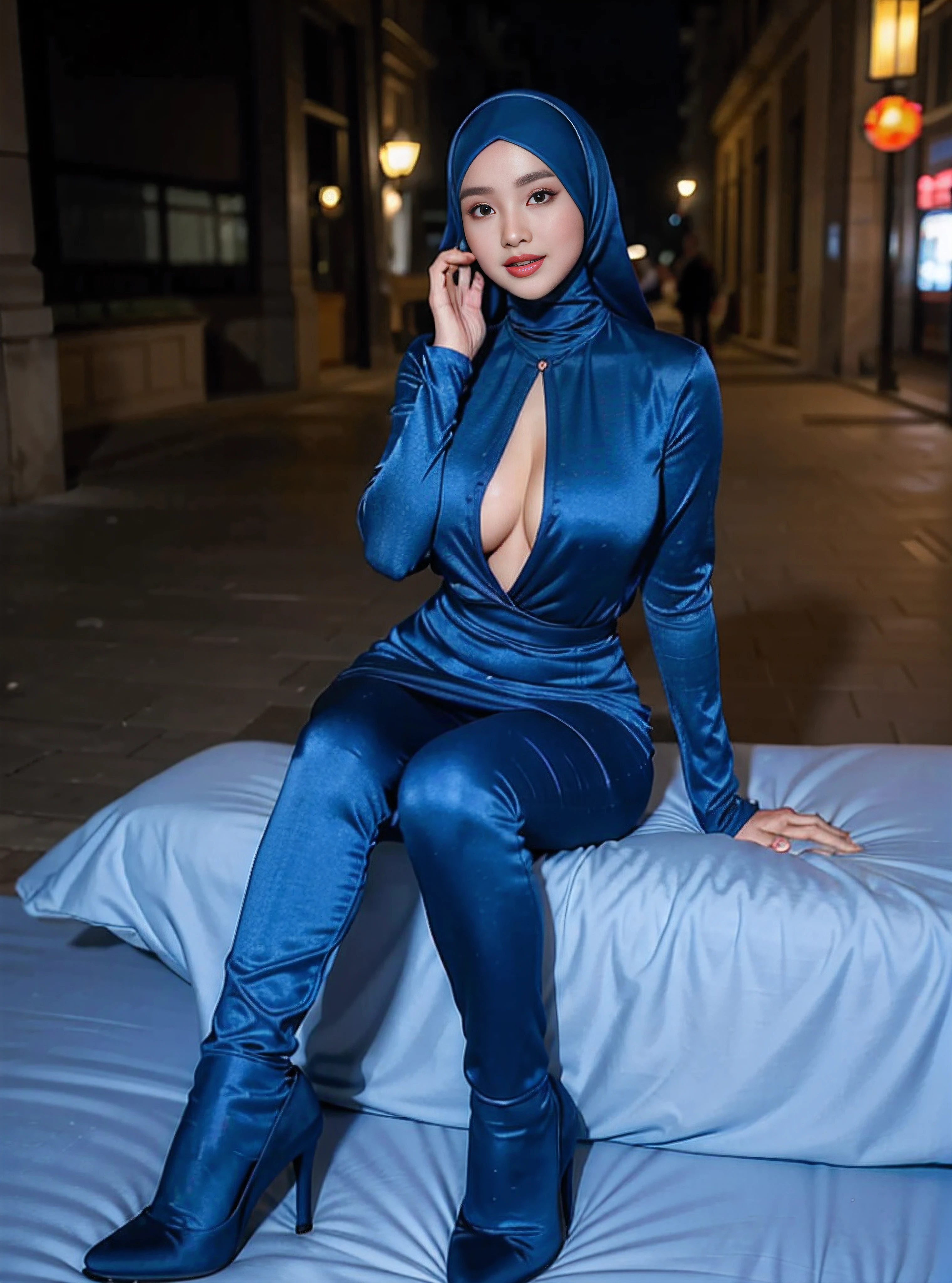 (Best quality, high resolution, masterpiece: 1.3), a beautiful malay woman in hijab, gigantic breasts, slim figure, sweatshirt, beautifully presented details in the street and facial and skin texture, detailed eyes, double eyelids, big eyeschest visible, shirt openfeatures), HDR, 8k resolution, nice fingers, firm skin, (((high detail skin, visible pores))), 1 female, tall body, sitting on the bed, 30 years old, gigantic breasts: 1.6, wearing Floral blue Silk Tight Malay Gamis Pastel Close Up Tight Hijab, big busty red lips, Full Body, Beautiful Shy Smile, Wearing High Heels, In Lux, wearing deep_v-neck_dress