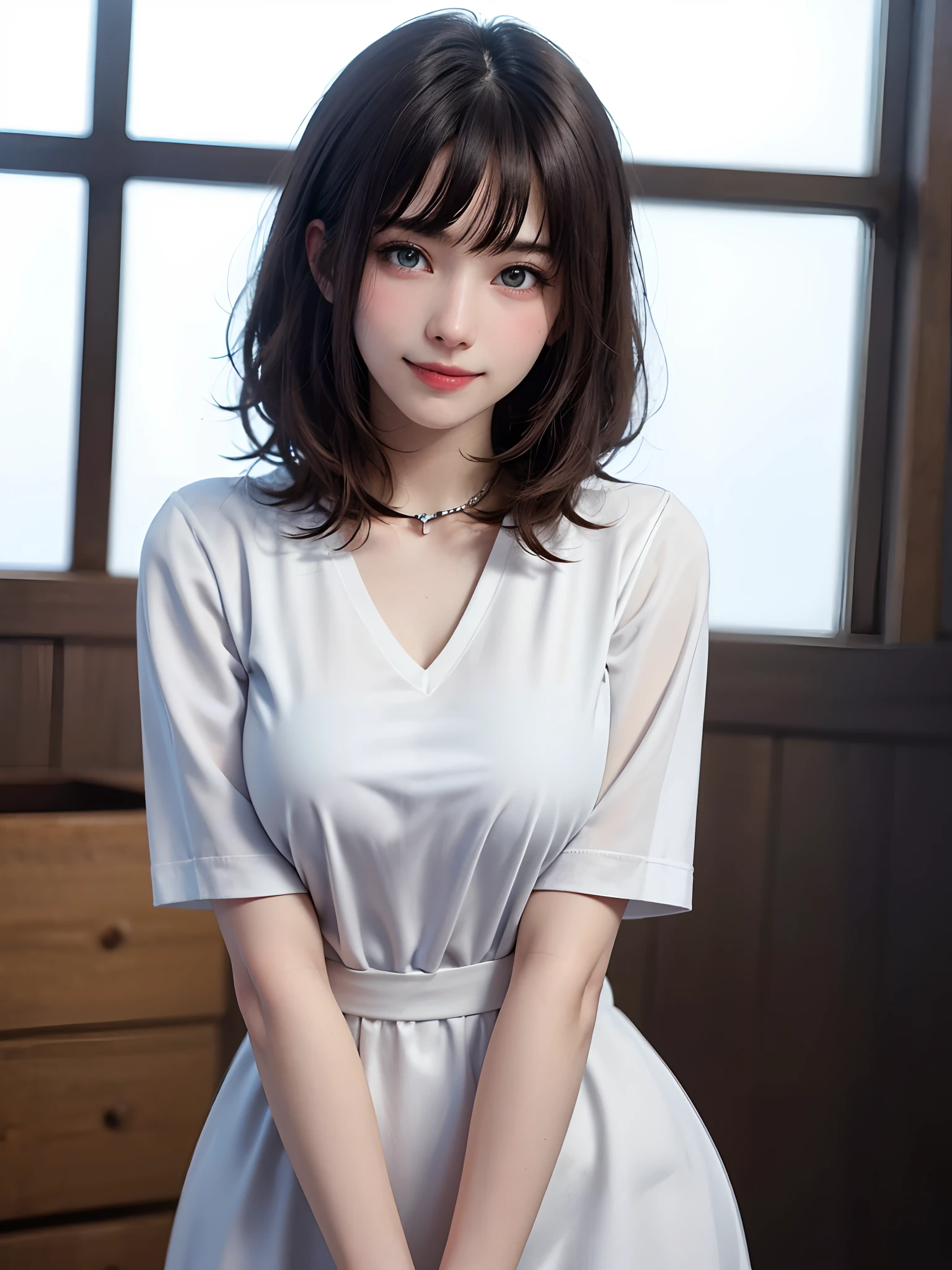 ((masutepiece)), (Best Quality), (Detailed), (1girl in), (Internal Data Stream) ,(A very beautiful woman with a very cute smile),(Symmetrical very beautiful face),(A woman full of adult charm who is too beautiful),(Add intense highlights to the eyes),Beautiful shiny gradient hair, Light blue eyes,shiny hair with straight bangs,, Wearing a modern white shirt and black dress, Covered with data particles, Lock around the neck,Look firmly at the camera