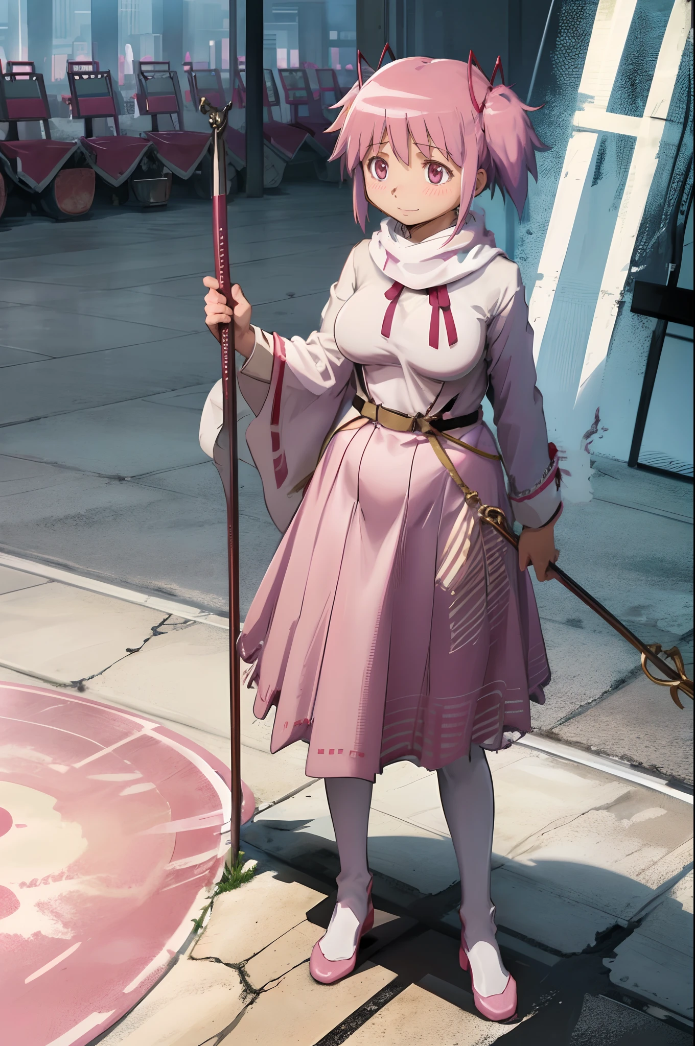 , (masterpiece:1.2), (best quality:1.15), extremely detailed,1girl, detailed,1girl, solo, madoka, long hair, pantyhose,, long dress, priestess, whitecloths, long skirt, pink robe, , standing, full body, medium breast, mature woman, tallgirl, standing,smile,, pink eyes madoka, tutu, long skirt, pink dress,big breast, curvy,, holding staff, white cloak, pink scarf