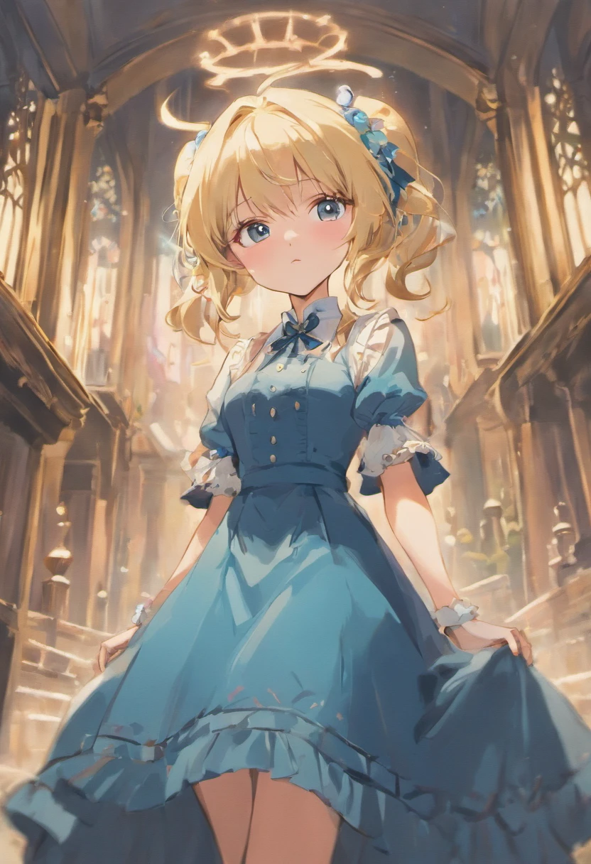 A stunningly beautiful but frustrated blonde maiden wearing an elegant formal Victorian morning dress of fine blue wool