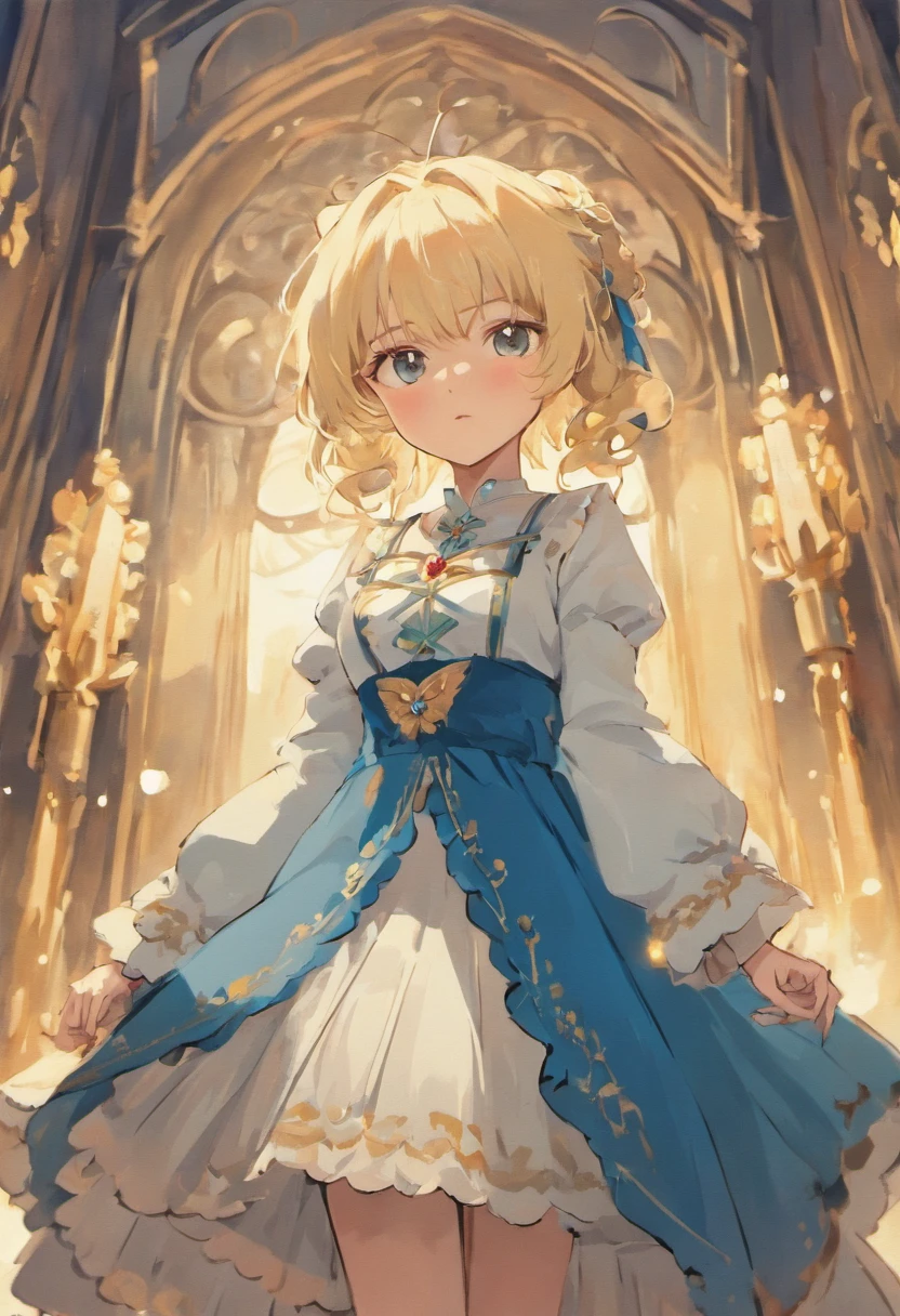 A stunningly beautiful but frustrated blonde maiden wearing an elegant formal Victorian morning dress of fine blue wool