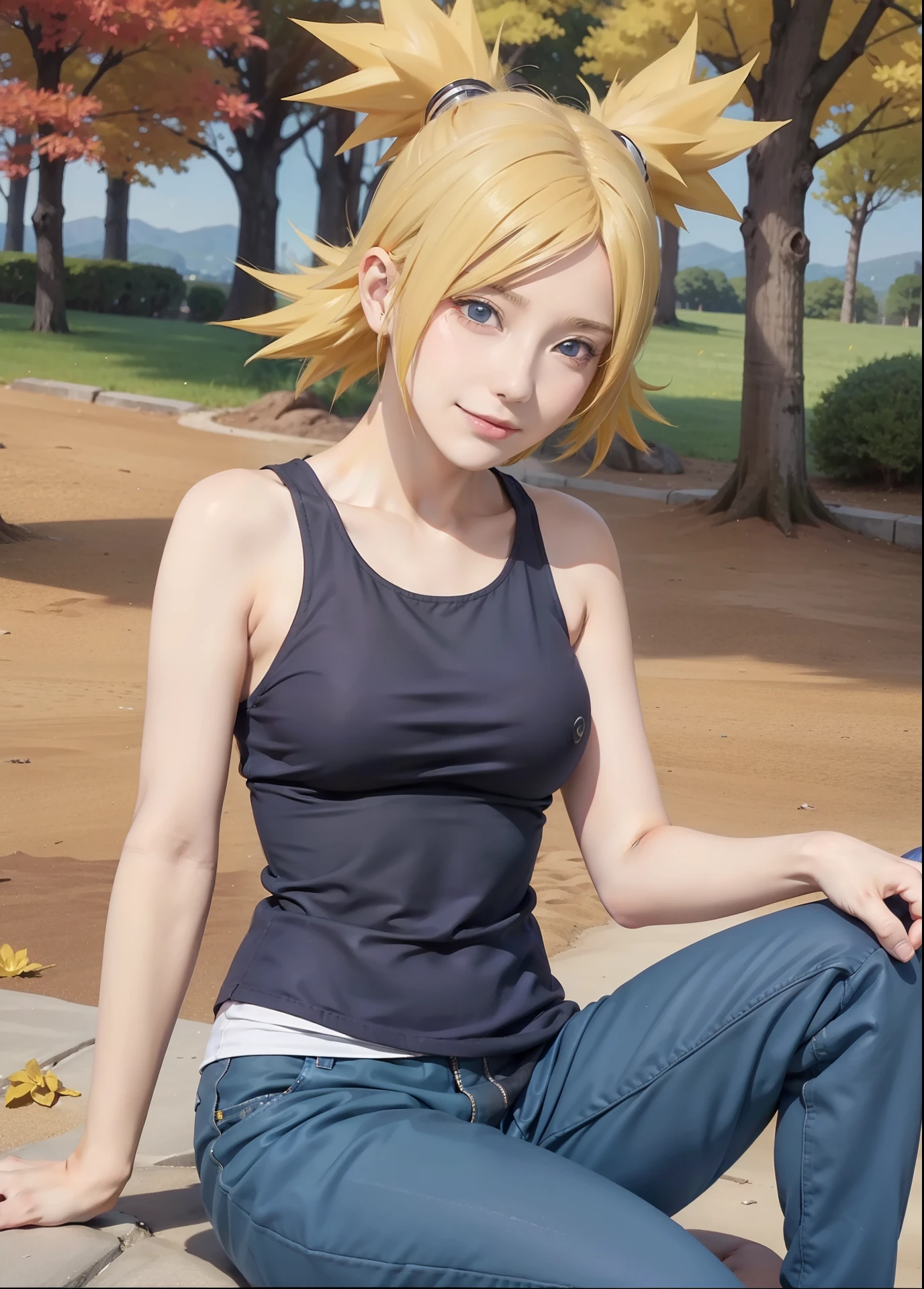 1girl, temari in anime naruto, short hair, yellow hair, blue eyes, smile, beautiful, black and white clothes, very big breast, realistic clothes, purple clothes, outdoor background, ultra detail, realistic