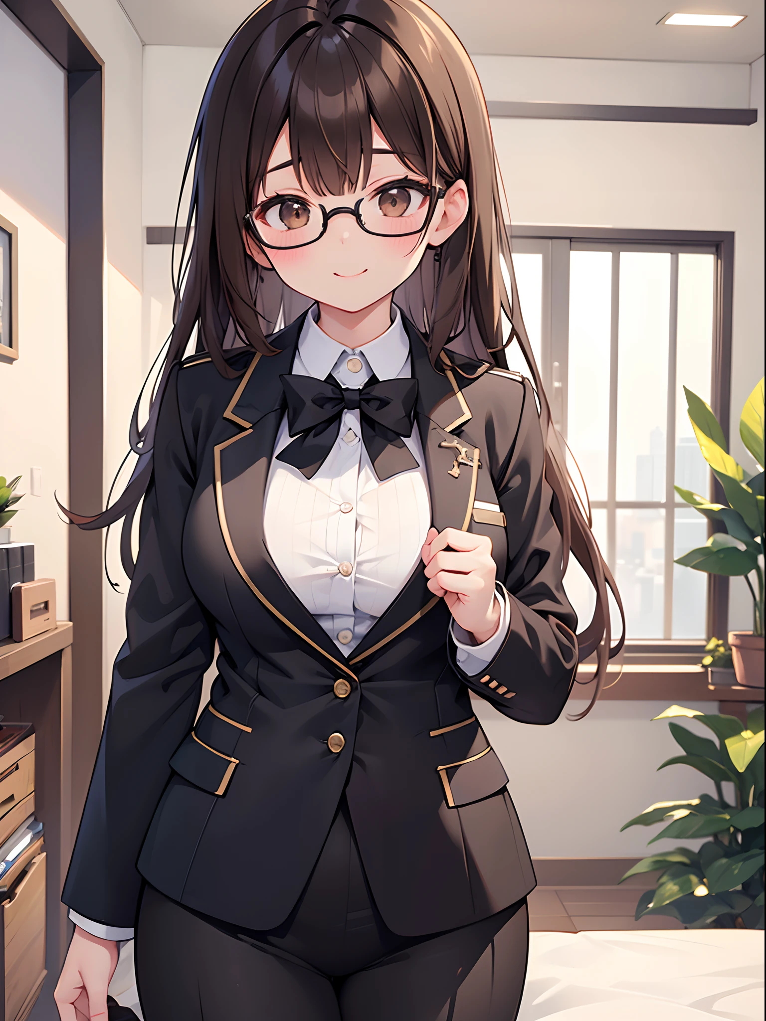 1 female、brown haired、Brown eyes、Black-rimmed glasses、seductive boobs、gorgeous faces、Perfect body。Best Quality、ultra-detailliert、8K resolution、Raw photo、masutepiece。Blazer Uniform。a smile。