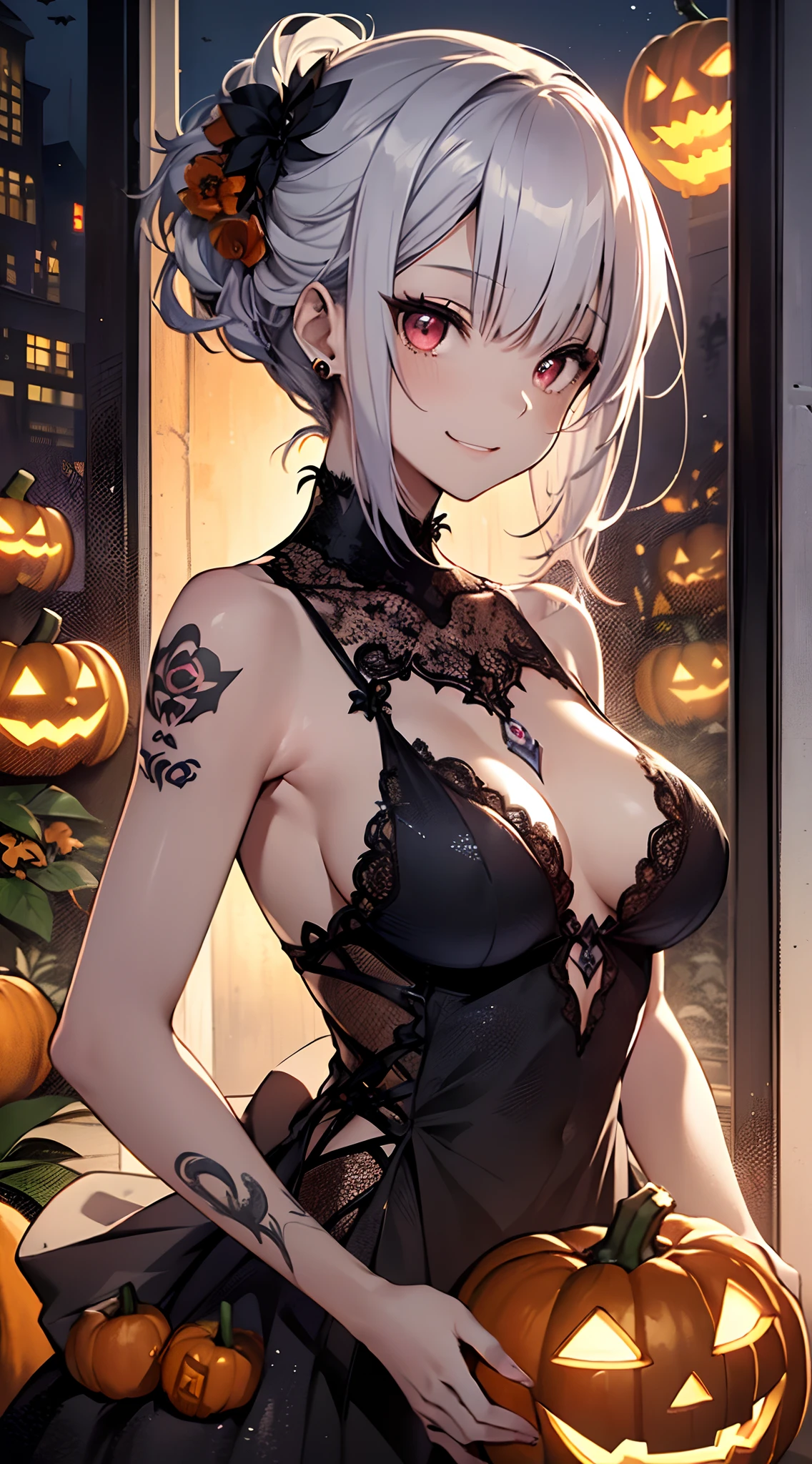 top-quality、Top image quality、in 8K,4K,masterpiece、(NSFW:1.1)、ultra-detailliert、Beautiful、ultra-quality、adult-like、Cool、girl with(((18year old、evening gown:1.3、Have a jack-o'-lantern、Bust 78、silber hair、a short bob、Red Eyes、erotick:1.4、Happiness、The tattoo)))、hiquality、visualart、Background with((Halloween 1.3))、masutepiece