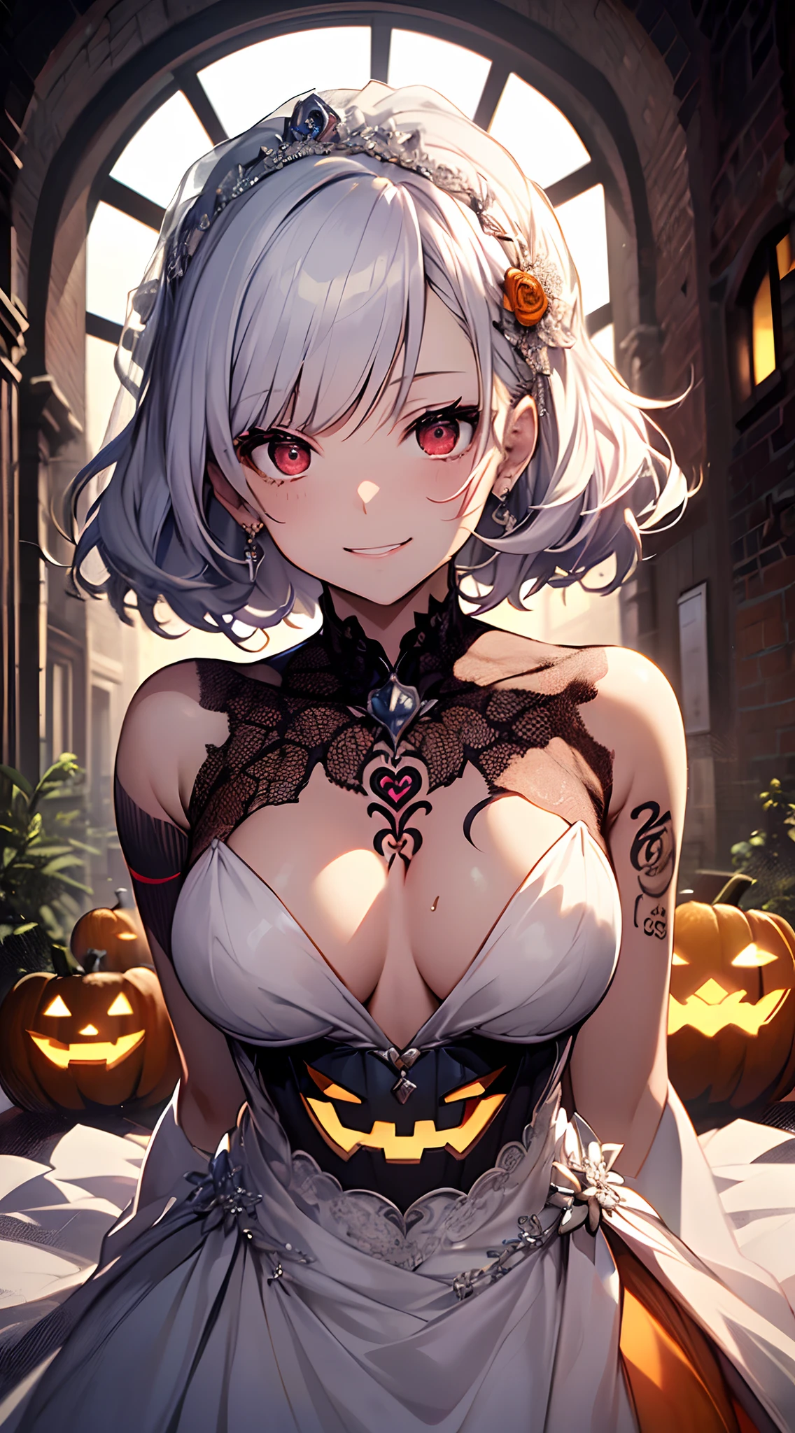 top-quality、Top image quality、in 8K,4K,masterpiece、(NSFW:1.1)、ultra-detailliert、Beautiful、ultra-quality、adult-like、Cool、girl with(((18year old、wedding dress:1.3、Have a jack-o'-lantern、Bust 78、silber hair、a short bob、Red Eyes、erotick:1.4、Happiness、The tattoo)))、hiquality、visualart、Background with((Halloween 1.3))、masutepiece
