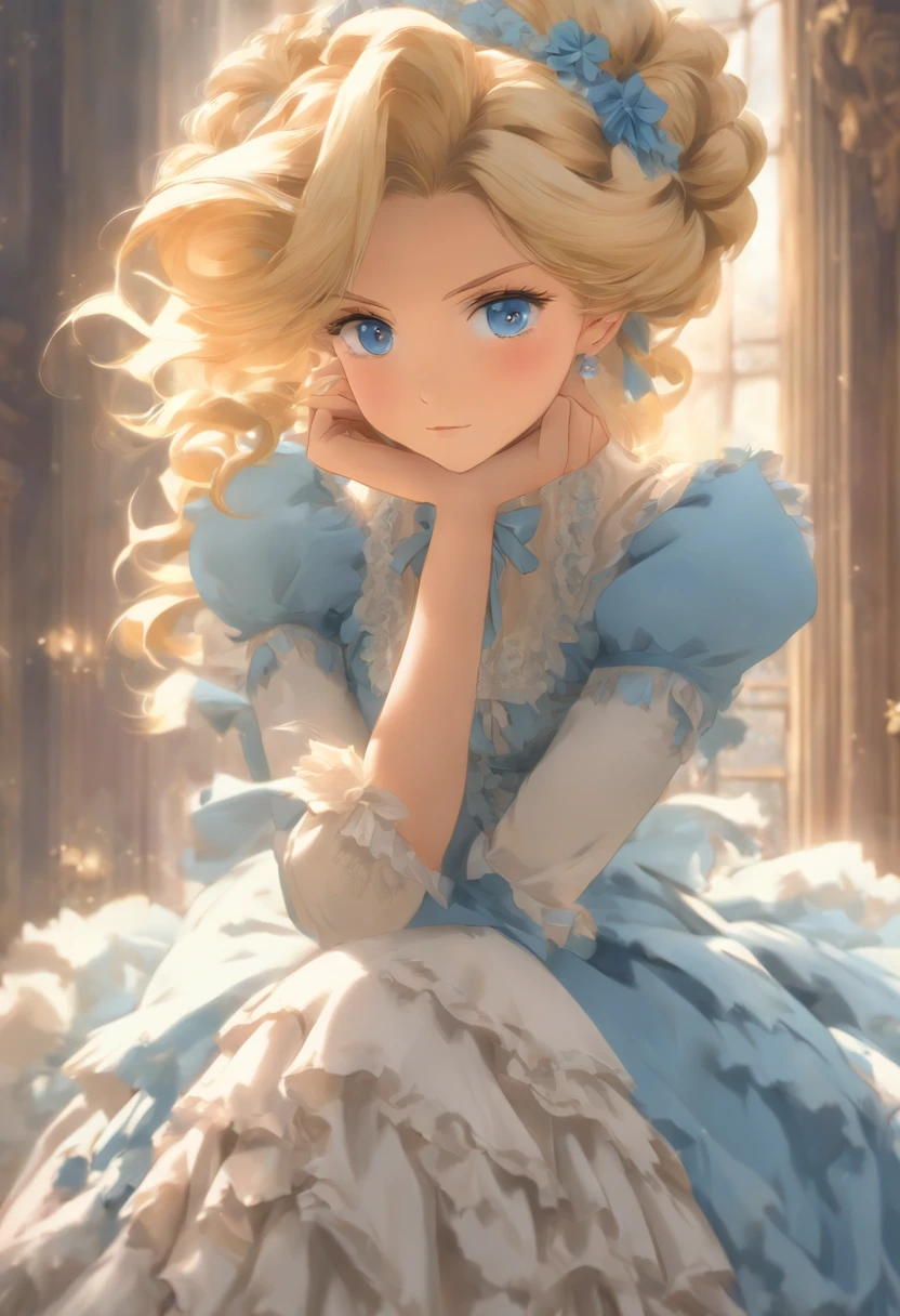 A stunningly beautiful but frustrated blonde maiden wearing an elegant formal Victorian morning dress of fine blue wool