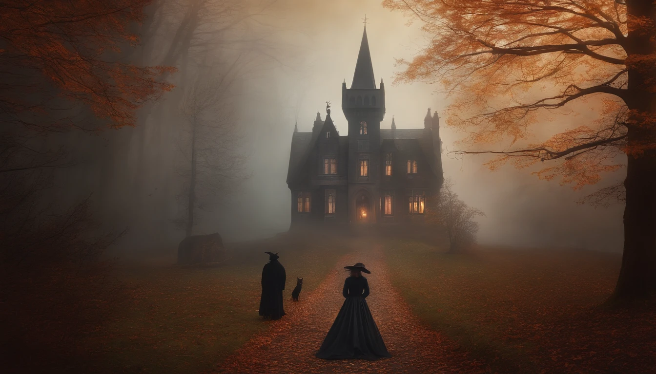 Artistic print wall, Vintage and Gothic Style, con personajes de fantasmas, Witches and cats in dark autumn with fog.
