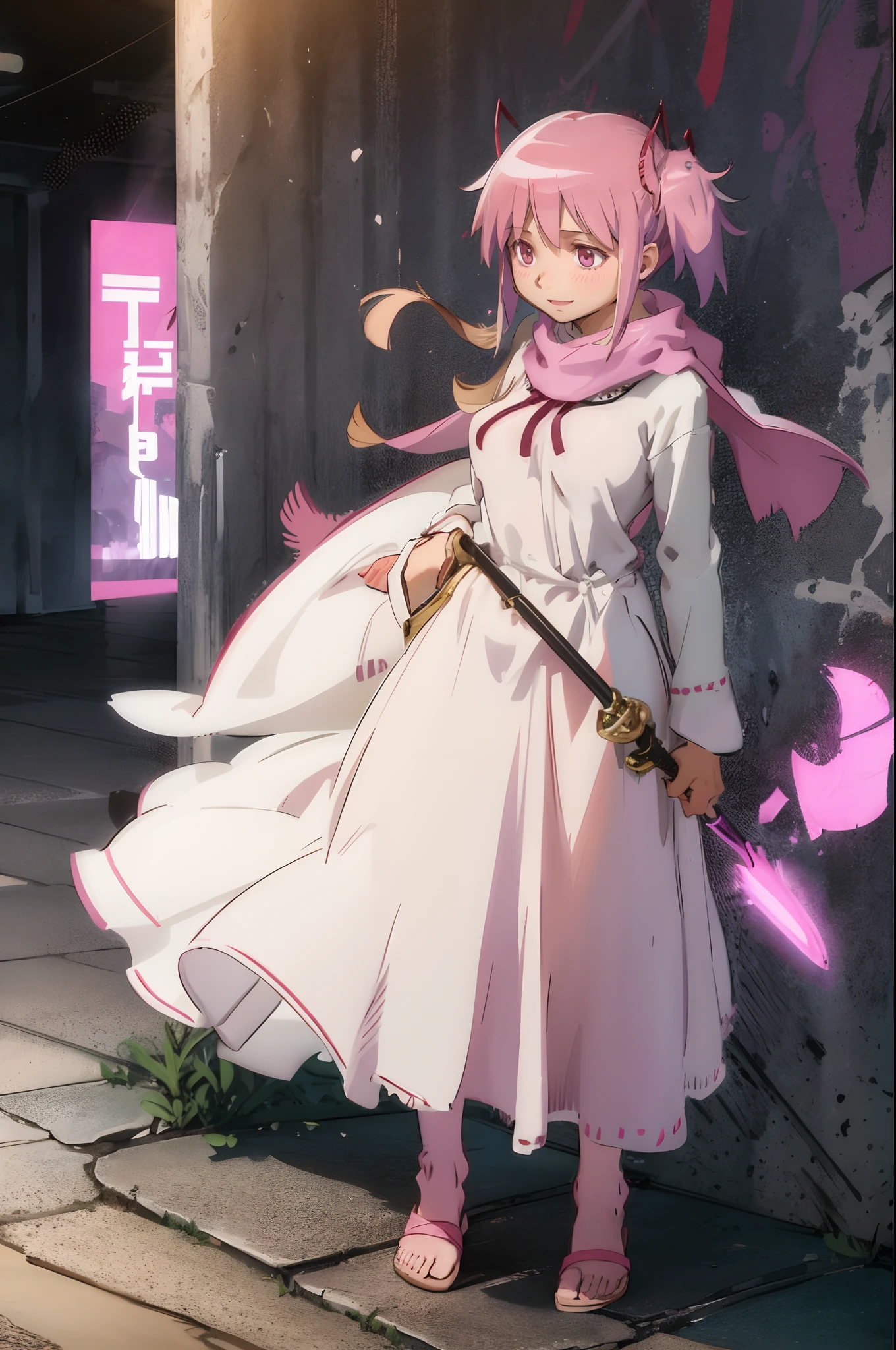 , (masterpiece:1.2), (best quality:1.15), extremely detailed,1girl, detailed,1girl, solo, madoka, long hair, pantyhose,, long dress, priestess, whitecloths, long skirt, pink robe, , standing, full body, medium breast, mature woman, tallgirl, standing,smile,, pink eyes madoka, tutu, long skirt, pink dress,big breast, curvy,, holding staff, white cloak, pink scarf, flipflops