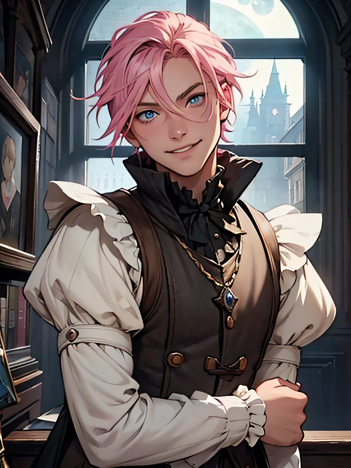 Jesse is a young boy, he has pink hair in bob, and smirk blue eyes, they're so beautiful to look at. ENTP, funny, provocative, smile. His hair is straight and he is 18 years old. Jesse is seen wearing a bloodborne victorian black noble clothes. He is in castle room, with a window behind showing the moonlight, portrait