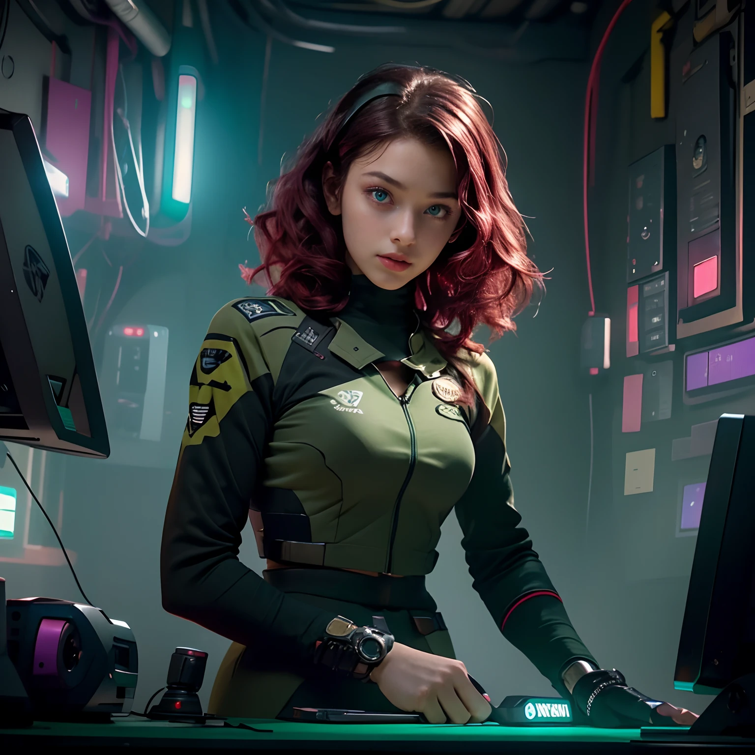 high resolution images, Cinematic lighting, cinematic texture, upper body Shot, Look at the viewer, Shoot from front, (-yeld wo in a dark green suit reminiscent of 1950s film noir:1.5), hyperdetailed face, Beautiful face, pretty face, Red hair, short and wavy hair, Dark blue eyes, Big eyes, small nose, thin lips, peaceful face, shiny eyes, Wearing a cyber headgear, in Deep and wide cyberpunk room, standing in the cyberpunk room, Scattered stationery and cluttered desks, many monitors in the back ground, (Retro small monitor on a table that emits light), Intense light from behind creates streaks of light, Back light illuminated her hair, Positive reflection illuminating her face, There is a large window in the background, Cyberpunk in the background