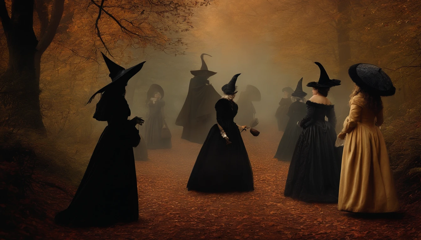 Artistic print wall, Vintage and Gothic Style, con personajes de fantasmas, Witches and cats in dark autumn.