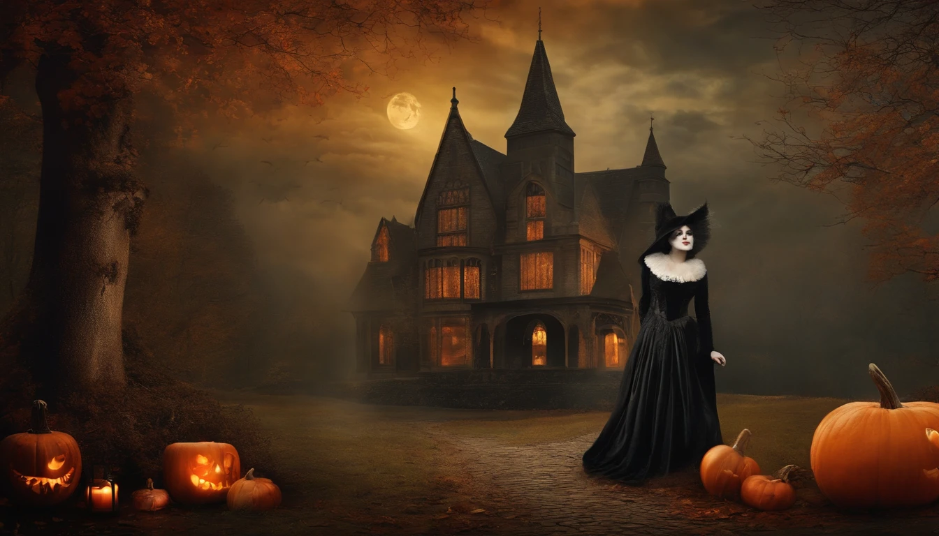Artistic print wall, Vintage and Gothic Style, con personajes de fantasmas, Witches and cats in dark autumn.