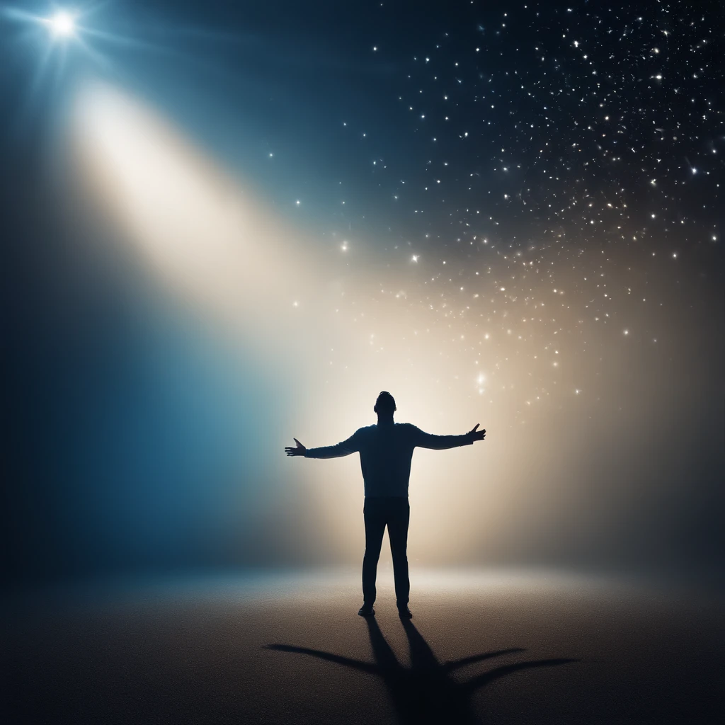 A man with open arms  standing in a spotlight blurry image with blue and white gradient background, with gleaming and shiny particles lightly golden, backround desfocado, light particles in soft and bright volumetric haze, floating dust particles, com luzes azuis brilhantes, Fundo fora de foco, poeira brilhante brilhante no ar, floating particles
