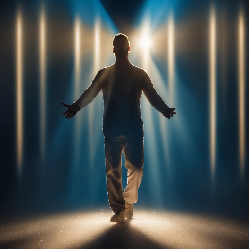 A man with open arms standing in a spotlight blurry image with blue and white gradient background, with gleaming and shiny particles lightly golden, backround desfocado, light particles in soft and bright volumetric haze, floating dust particles, com luzes azuis brilhantes, Fundo fora de foco, poeira brilhante brilhante no ar, floating particles