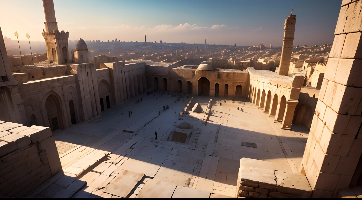 Jerusalem in 2200 with famous ruins and amazing skyscrapers that owe their design to Roman architecture, dramatic lighting, fine detail