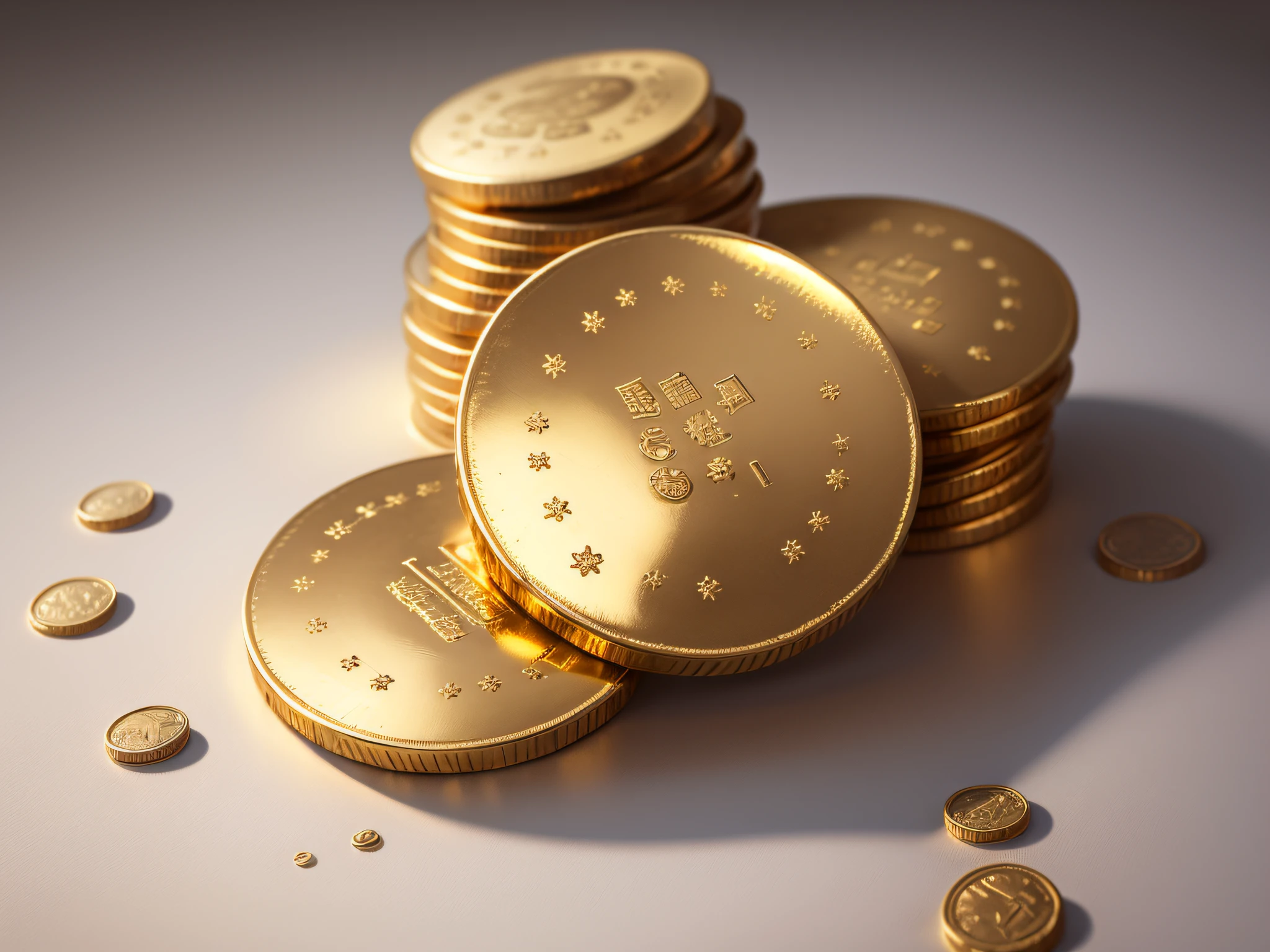 Gold coins on a white surface