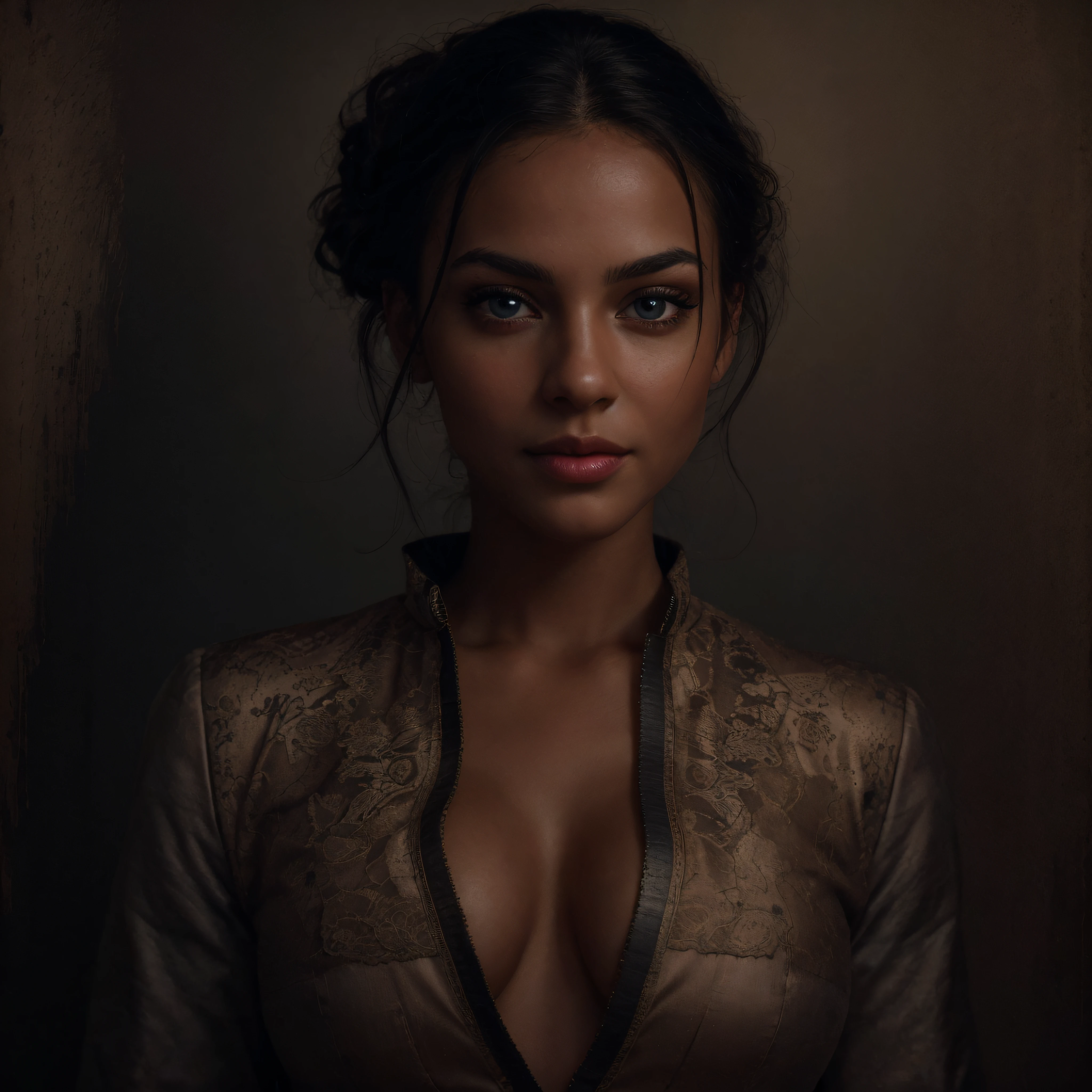 (full body shot), (authentic expressive eyes: 1.2), An exquisite portrait of panam palmer, the photograph captured in stunning 8k resolution and raw format to preserve the highest quality of details. The woman's beauty is undeniable. She wears her signature jacket with nothing underneath, seductively showing her cleavage, (her eyes are portrayed with meticulous attention to detail: 1.3), showcasing the captivating depth within her eyes. The photograph is taken with a lens that emphasizes the gentle smile in her eyes, and the backdrop is a warm dark studio setting that enhances the muted colours of the scene. The lighting and shadows are expertly crafted to bring out the richness of her ebony skin tone and the subtle nuances of her features. Her pure black hair compliments her ebony skin. The interior setting adds a sense of intimacy. The overall composition captures her essence with authenticity and grace, creating a portrait that celebrates her heritage and beauty. Photography utilizing the best techniques for shadow and lighting, to create a mesmerizing portrayal that transcends the visual, slightly tilted head, (extreme eye details: 1.4)
