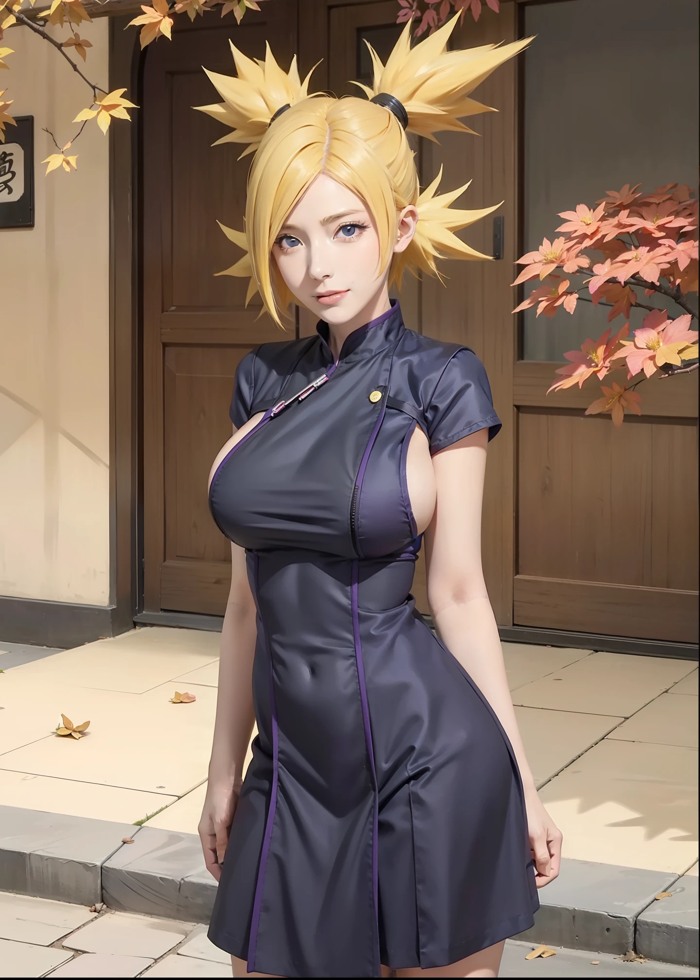 1girl, temari in anime naruto, short hair, yellow hair, blue eyes, smile, beautiful, black and white clothes, very big breast, realistic clothes, purple clothes, outdoor background, ultra detail, realistic