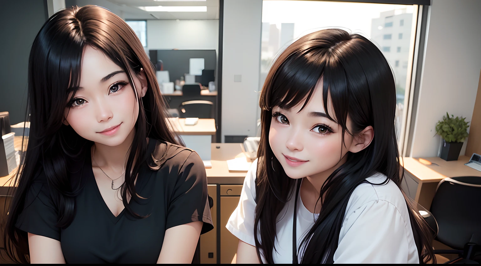 **twin schoolgirls with different hairtyles, korean school uniform ,(masterpiece, best quality: 1. 2), pop city style, wearing headsets, listening to music , romantic songs, singing,