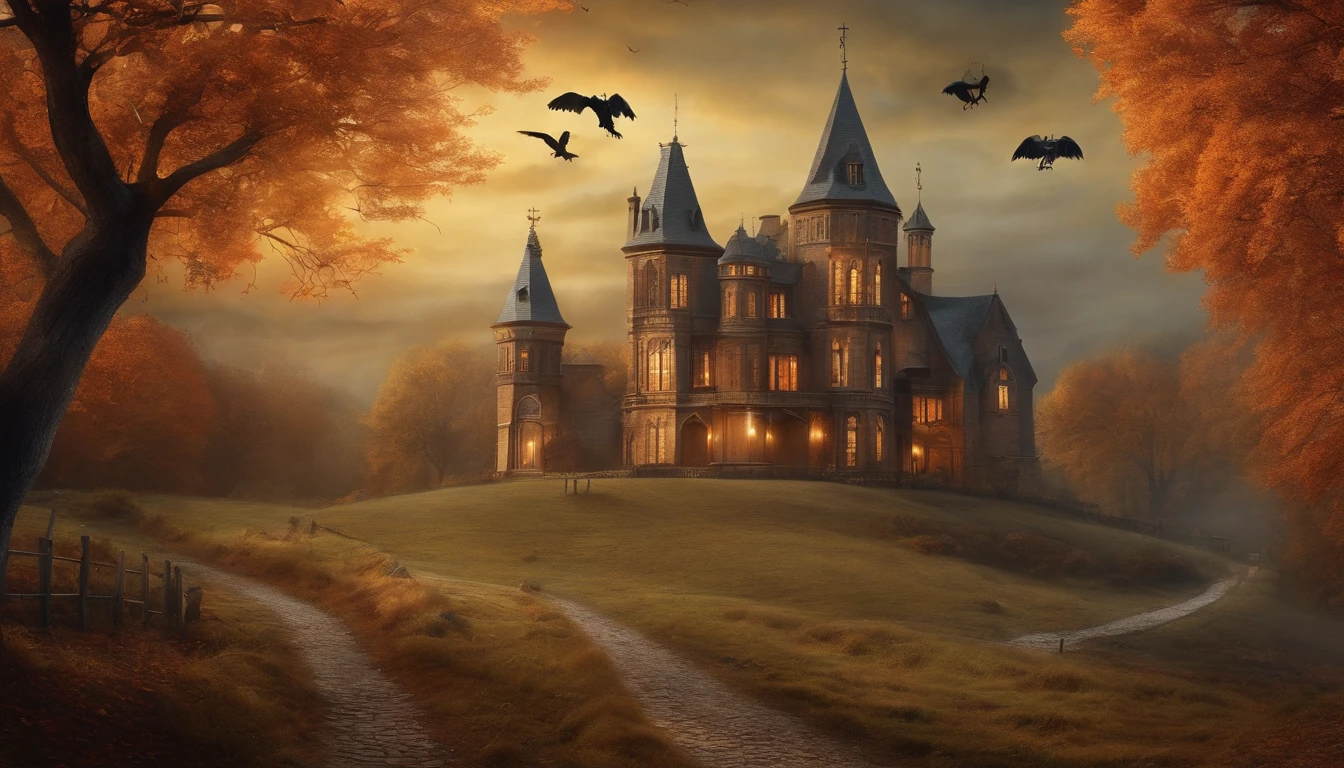 Artistic print wall, Vintage and Gothic Style, con personajes de fantasmas volando, Skeletons and cats strolling in dark autumn landscape.