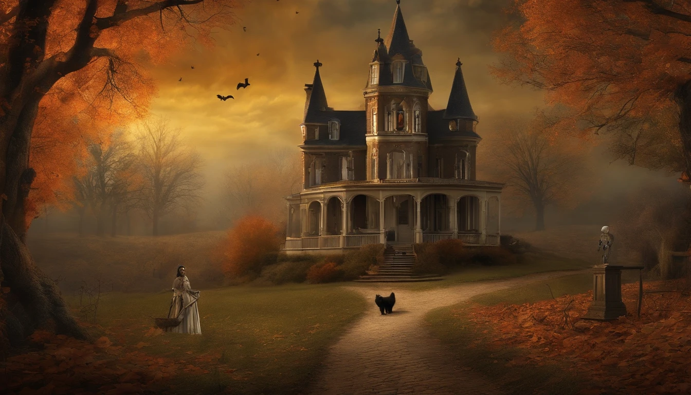 Artistic print wall, Vintage and Gothic Style, con personajes de fantasmas volando, Skeletons and cats strolling in dark autumn landscape.