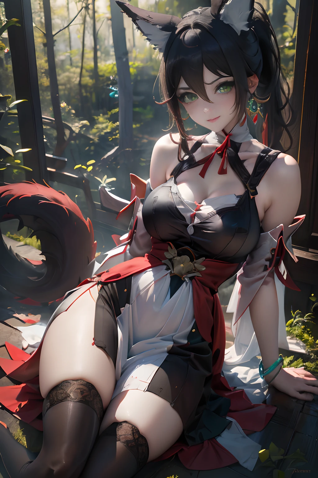 (best quality,4k,8k,highres,masterpiece:1.3),ultra-detailed,(realistic,photography,photo-realistic:1.37), smooth, smooth skin texture, real life, 1girl, fox girl, green eyes, naughty, smiling, TingYun, tingyun from Honkai Starrail, earringsbrown hair, animal ears, ponytail, hair ornament, green eyes, red eyeshadow, jewelry, detached sleeves, medium breasts, dress, tail, bracelet, one tail, mouth slightly open, wandering in the forest, red riding hood, sexy, misty